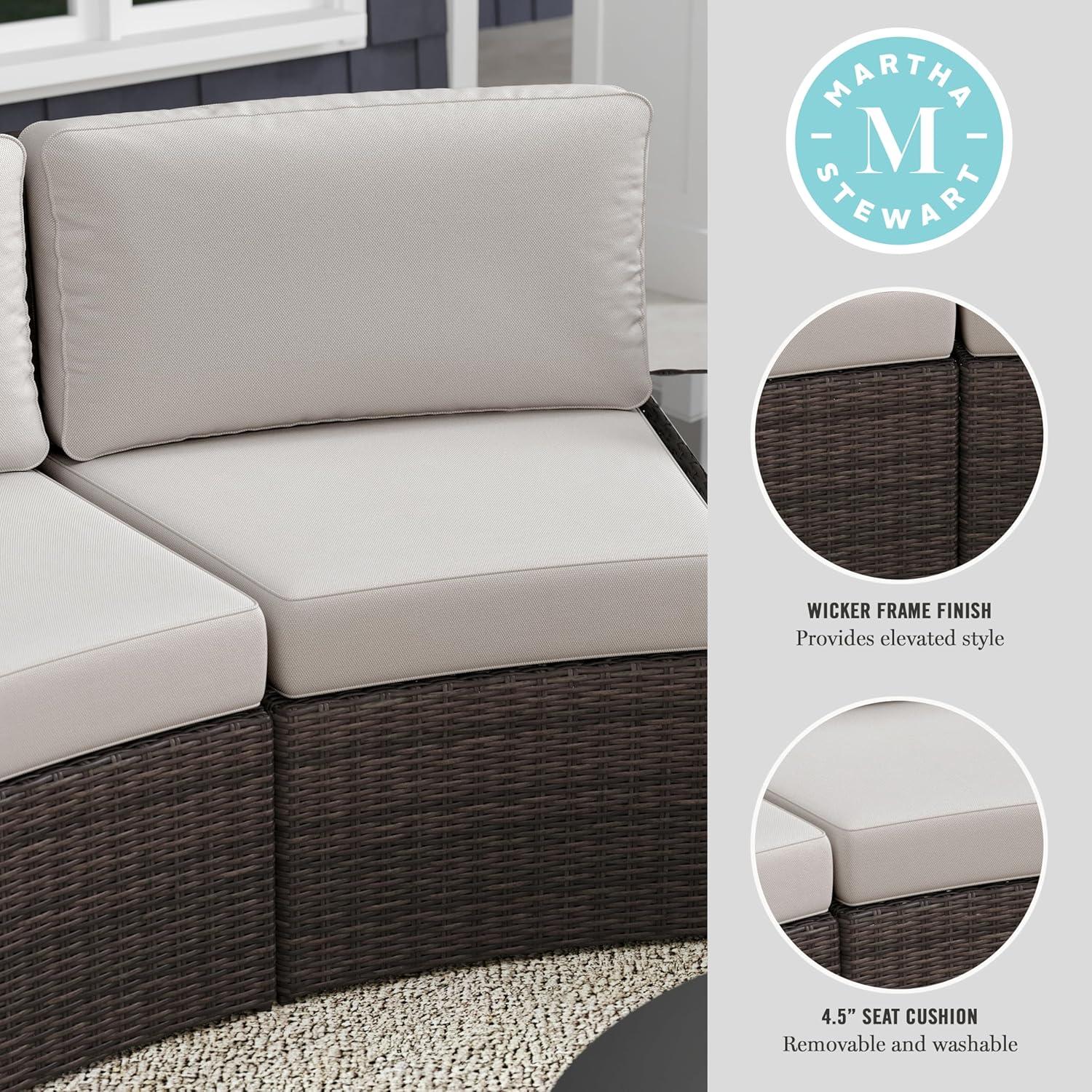 imageMartha Stewart Bedford IndoorOutdoor Modular Patio Curved Sectional Sofa Seats with Rattan Wicker Finish in Gray with Gray AllWeather Cushions Set of 2Tan CushionsBrown Frame