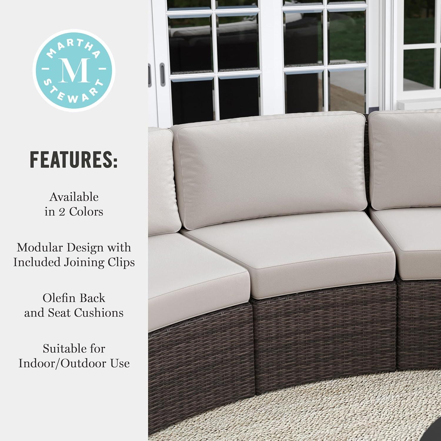imageMartha Stewart Bedford IndoorOutdoor Modular Patio Curved Sectional Sofa Seats with Rattan Wicker Finish in Gray with Gray AllWeather Cushions Set of 2Tan CushionsBrown Frame