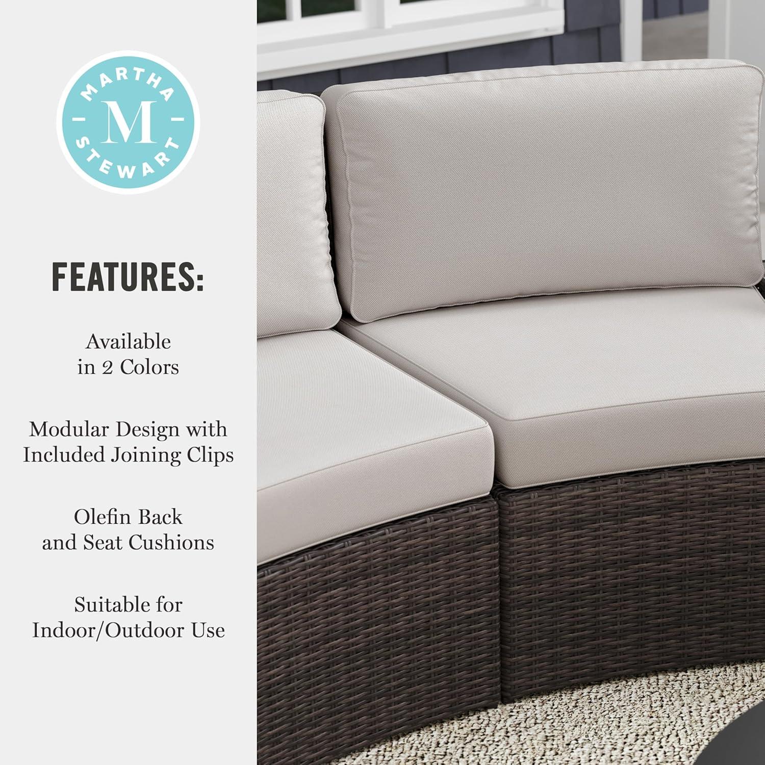 imageMartha Stewart Bedford IndoorOutdoor Modular Patio Curved Sectional Sofa Seats with Rattan Wicker Finish in Gray with Gray AllWeather Cushions Set of 2Tan CushionsBrown Frame