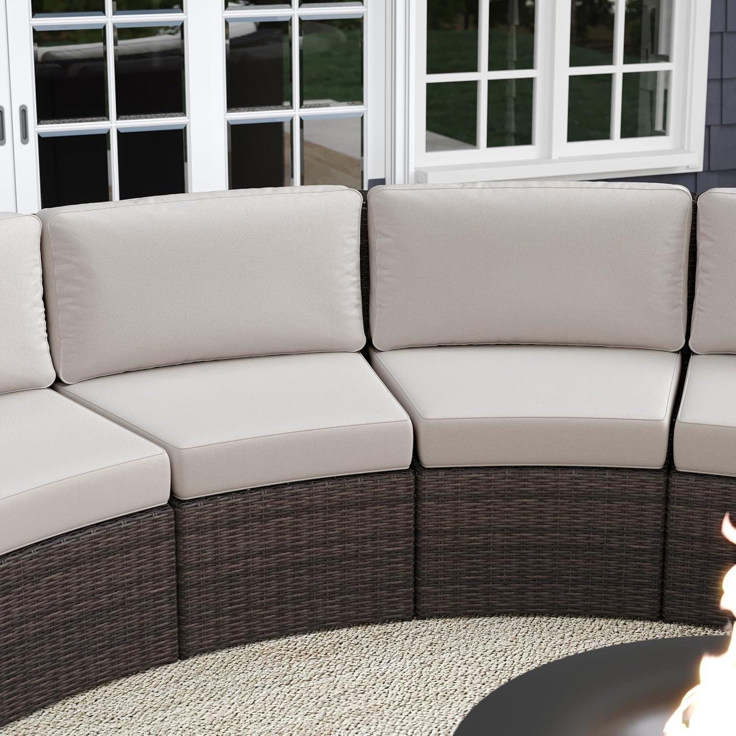 imageMartha Stewart Bedford IndoorOutdoor Modular Patio Curved Sectional Sofa Seats with Rattan Wicker Finish in Gray with Gray AllWeather Cushions Set of 2Tan CushionsBrown Frame
