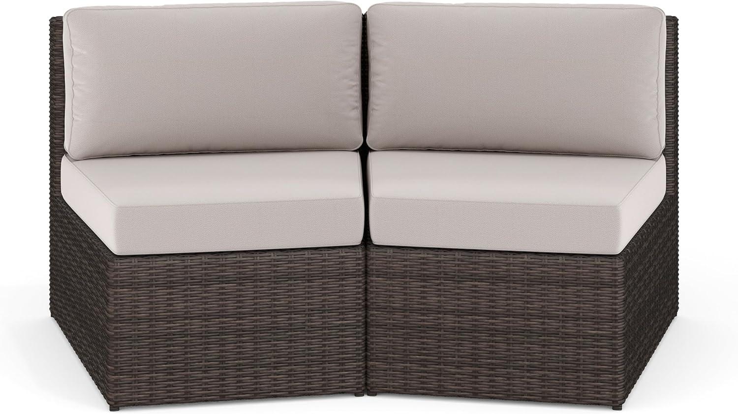 imageMartha Stewart Bedford IndoorOutdoor Modular Patio Curved Sectional Sofa Seats with Rattan Wicker Finish in Gray with Gray AllWeather Cushions Set of 2Tan CushionsBrown Frame