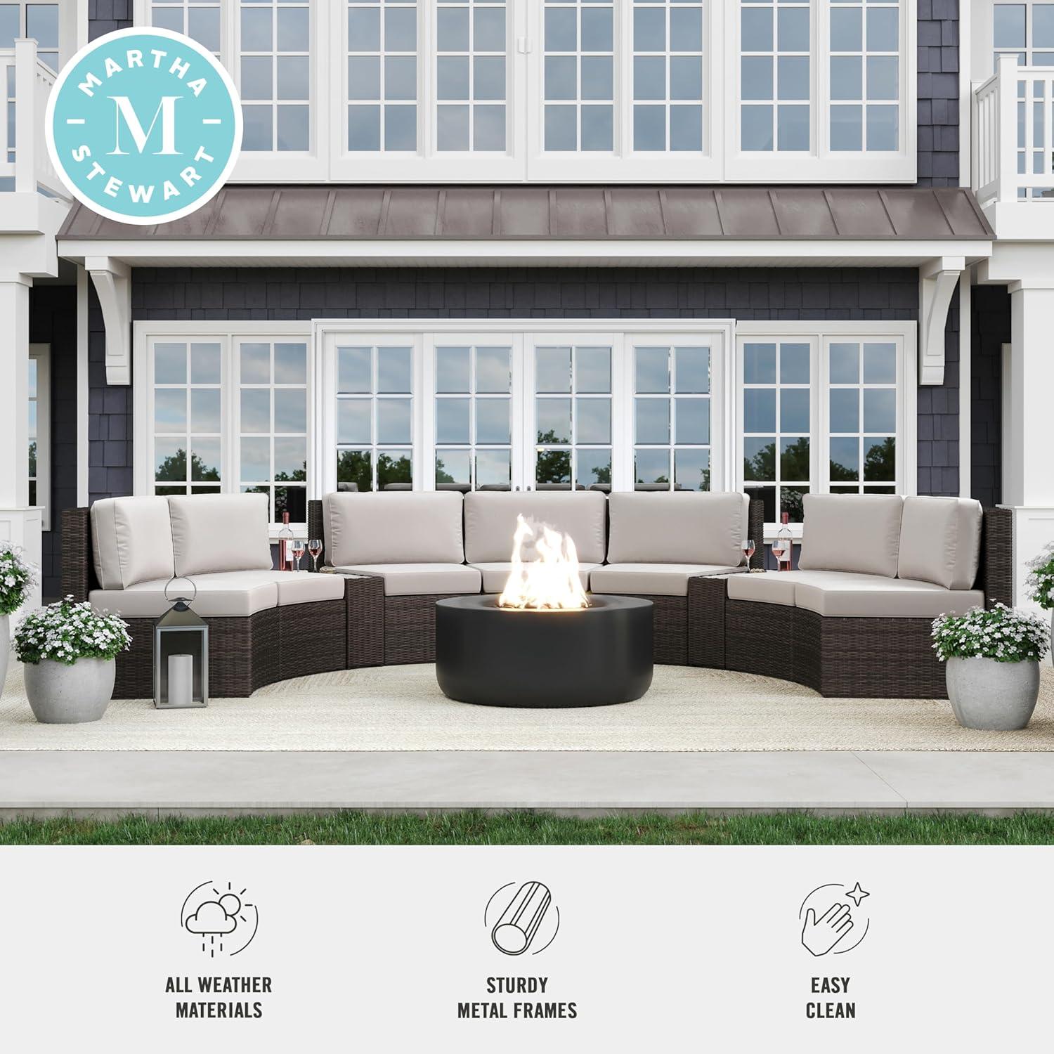 imageMartha Stewart Bedford IndoorOutdoor Modular Patio Curved Sectional Sofa Seats with Rattan Wicker Finish in Gray with Gray AllWeather Cushions Set of 2Tan CushionsBrown Frame