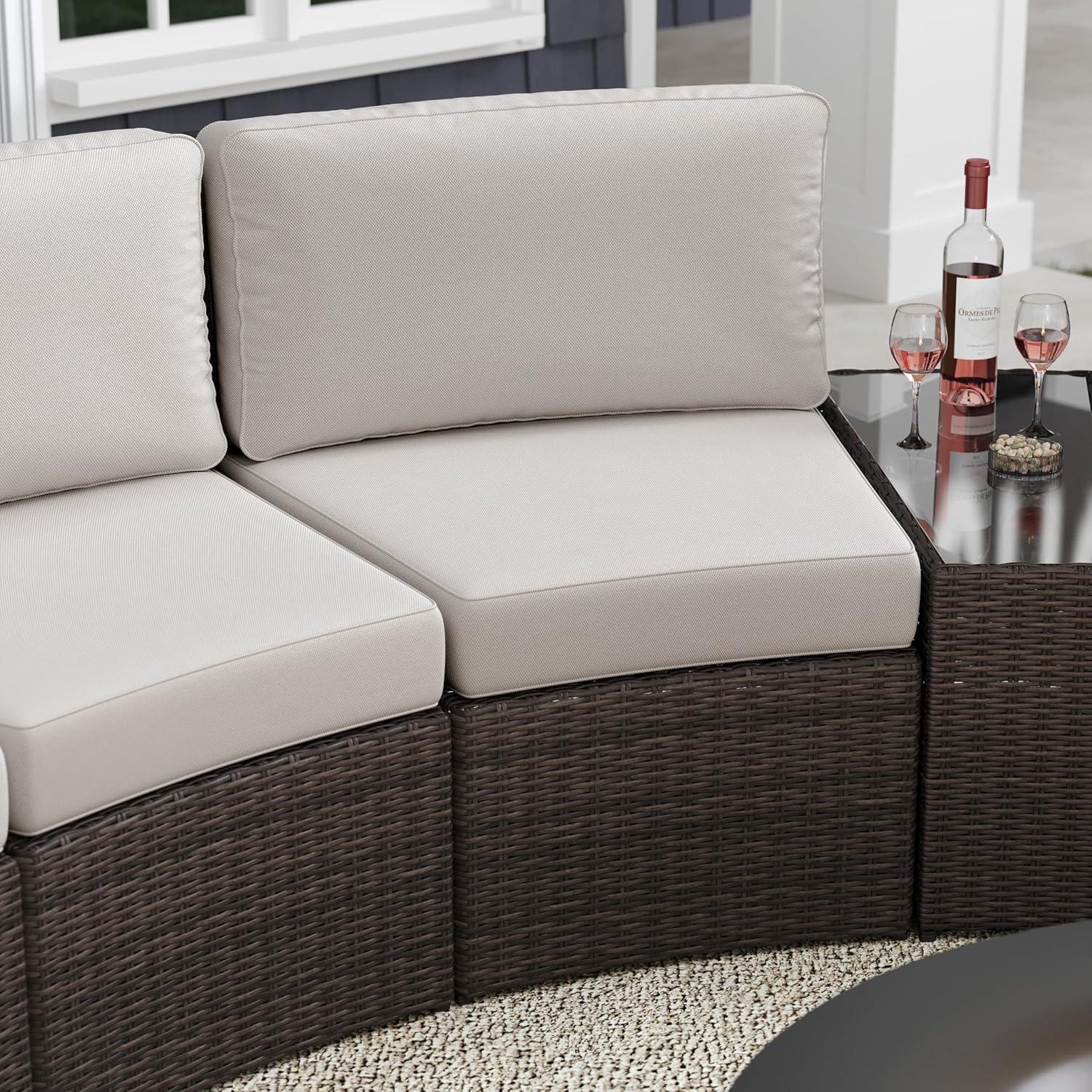 imageMartha Stewart Bedford IndoorOutdoor Modular Patio Curved Sectional Sofa Seats with Rattan Wicker Finish in Gray with Gray AllWeather Cushions Set of 2Tan CushionsBrown Frame