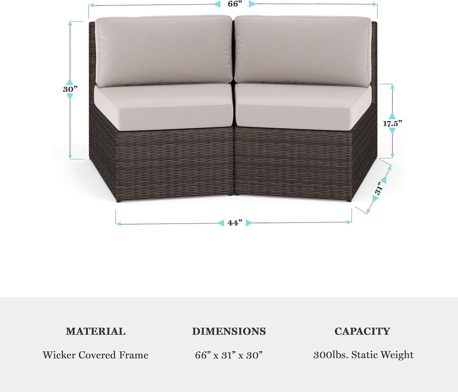 imageMartha Stewart Bedford IndoorOutdoor Modular Patio Curved Sectional Sofa Seats with Rattan Wicker Finish in Gray with Gray AllWeather Cushions Set of 2Tan CushionsBrown Frame