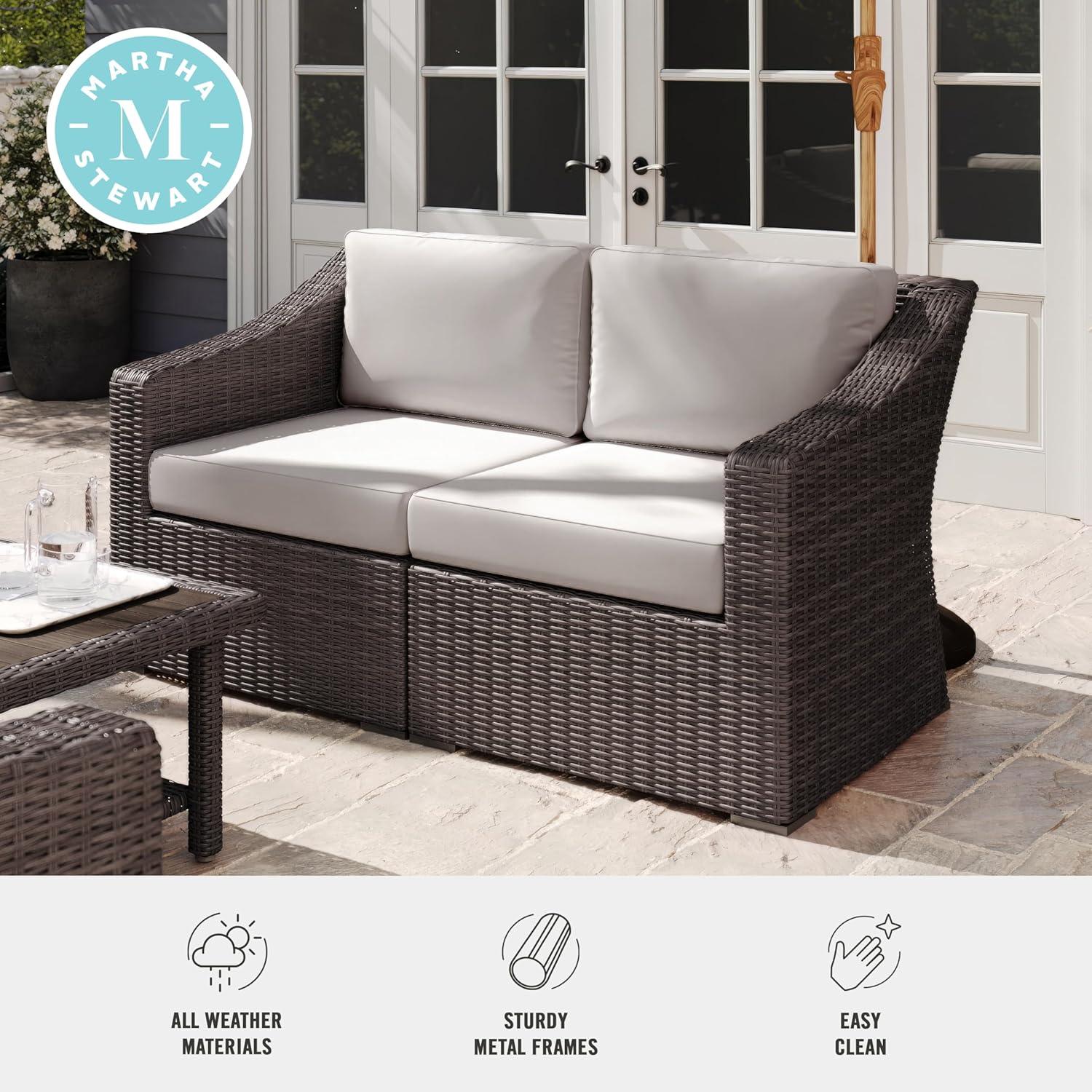 imageMartha Stewart Bedford IndoorOutdoor Modular Patio Loveseat with Rattan Wicker Finish in Brown with Tan AllWeather CushionsTan CushionsBrown Frame