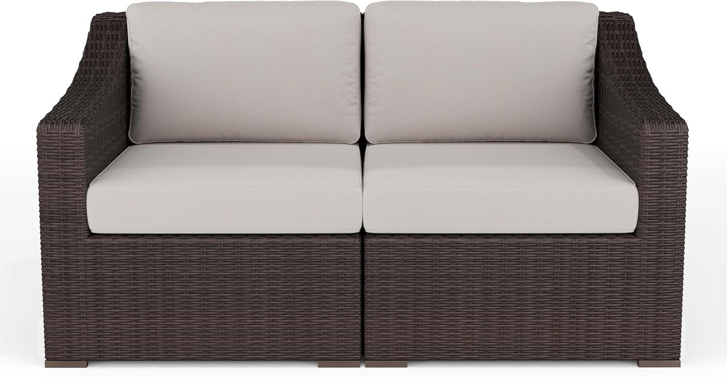 imageMartha Stewart Bedford IndoorOutdoor Modular Patio Loveseat with Rattan Wicker Finish in Brown with Tan AllWeather CushionsTan CushionsBrown Frame