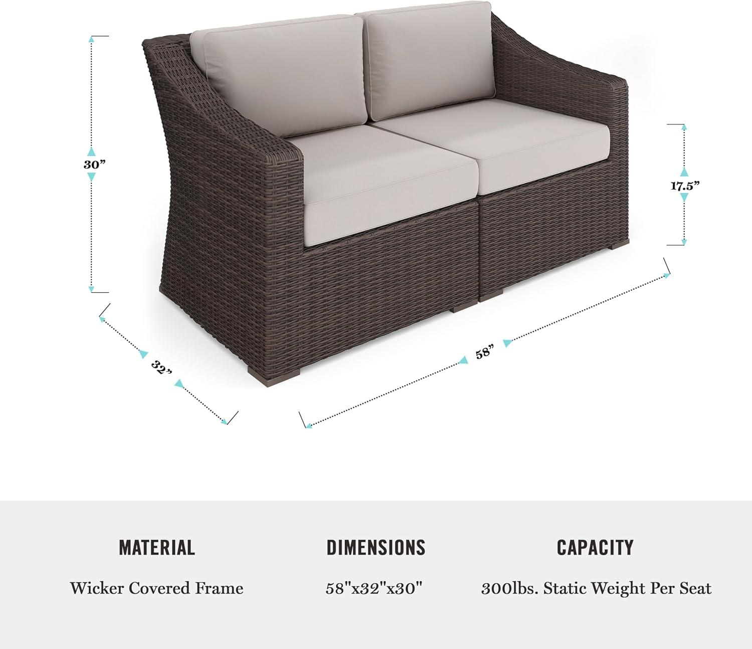 imageMartha Stewart Bedford IndoorOutdoor Modular Patio Loveseat with Rattan Wicker Finish in Brown with Tan AllWeather CushionsTan CushionsBrown Frame