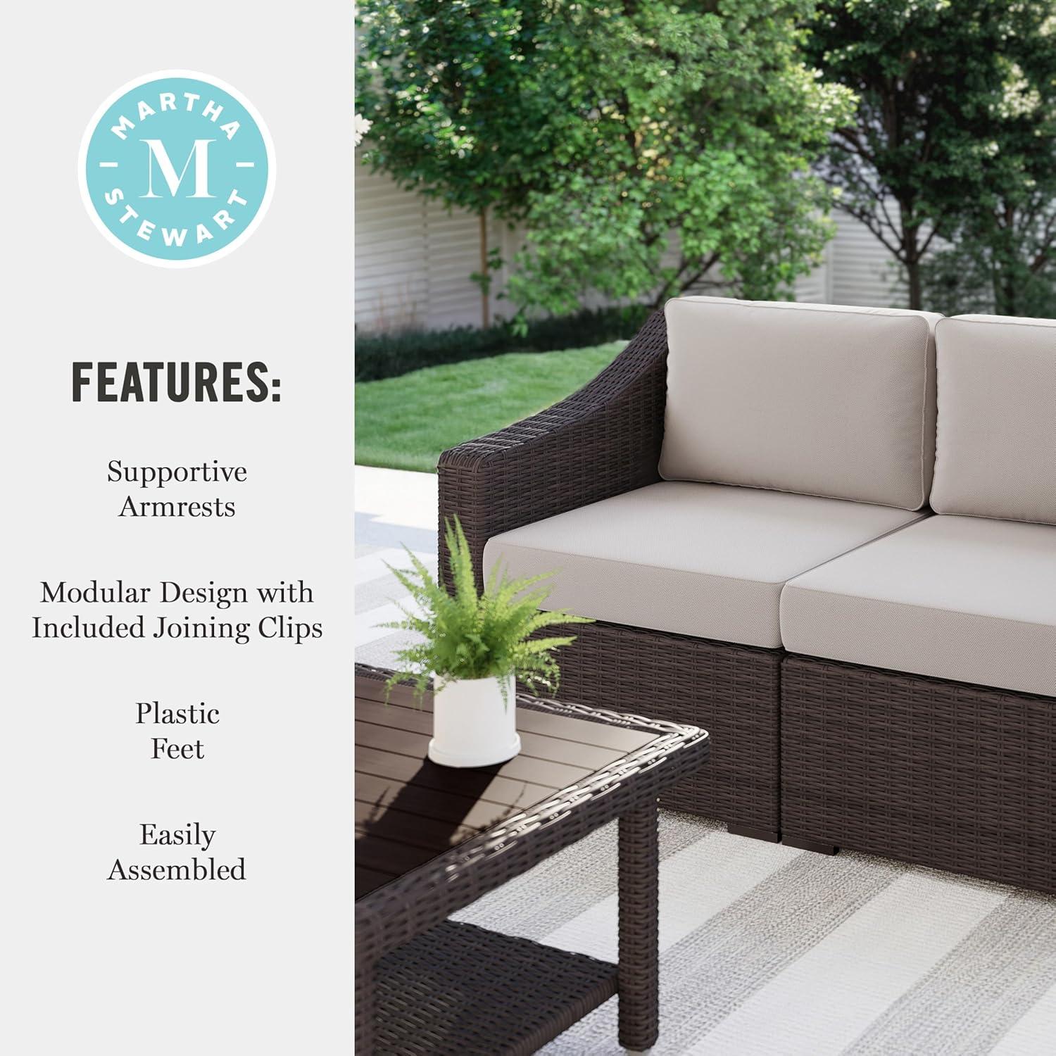 imageMartha Stewart Bedford IndoorOutdoor Modular Patio Loveseat with Rattan Wicker Finish in Brown with Tan AllWeather CushionsTan CushionsBrown Frame
