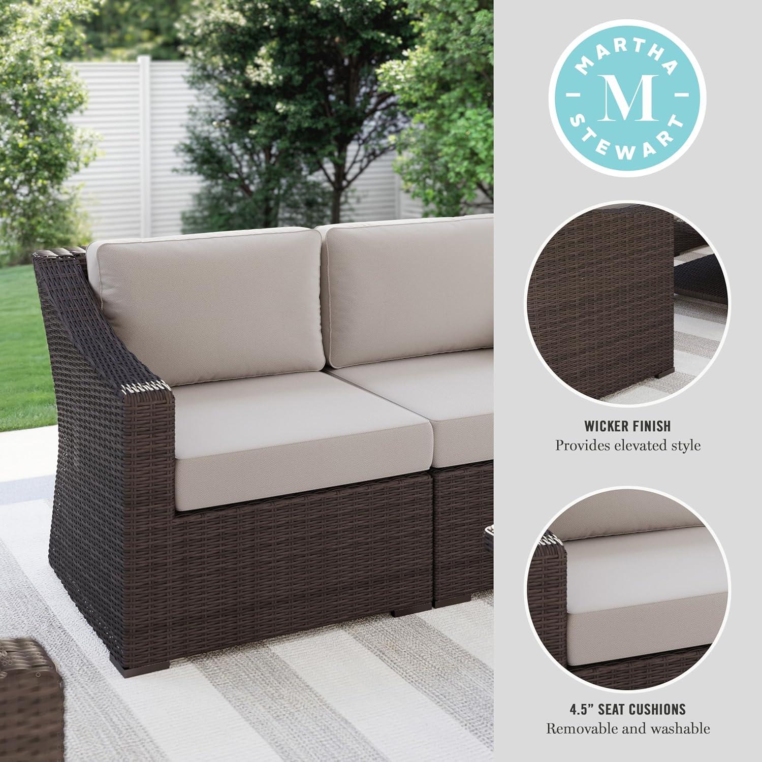 imageMartha Stewart Bedford IndoorOutdoor Modular Patio Loveseat with Rattan Wicker Finish in Brown with Tan AllWeather CushionsTan CushionsBrown Frame