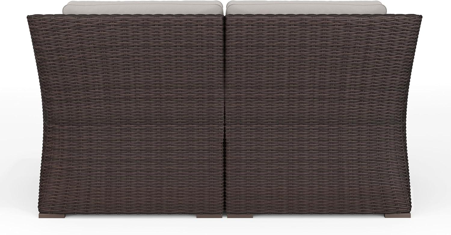 imageMartha Stewart Bedford IndoorOutdoor Modular Patio Loveseat with Rattan Wicker Finish in Brown with Tan AllWeather CushionsTan CushionsBrown Frame