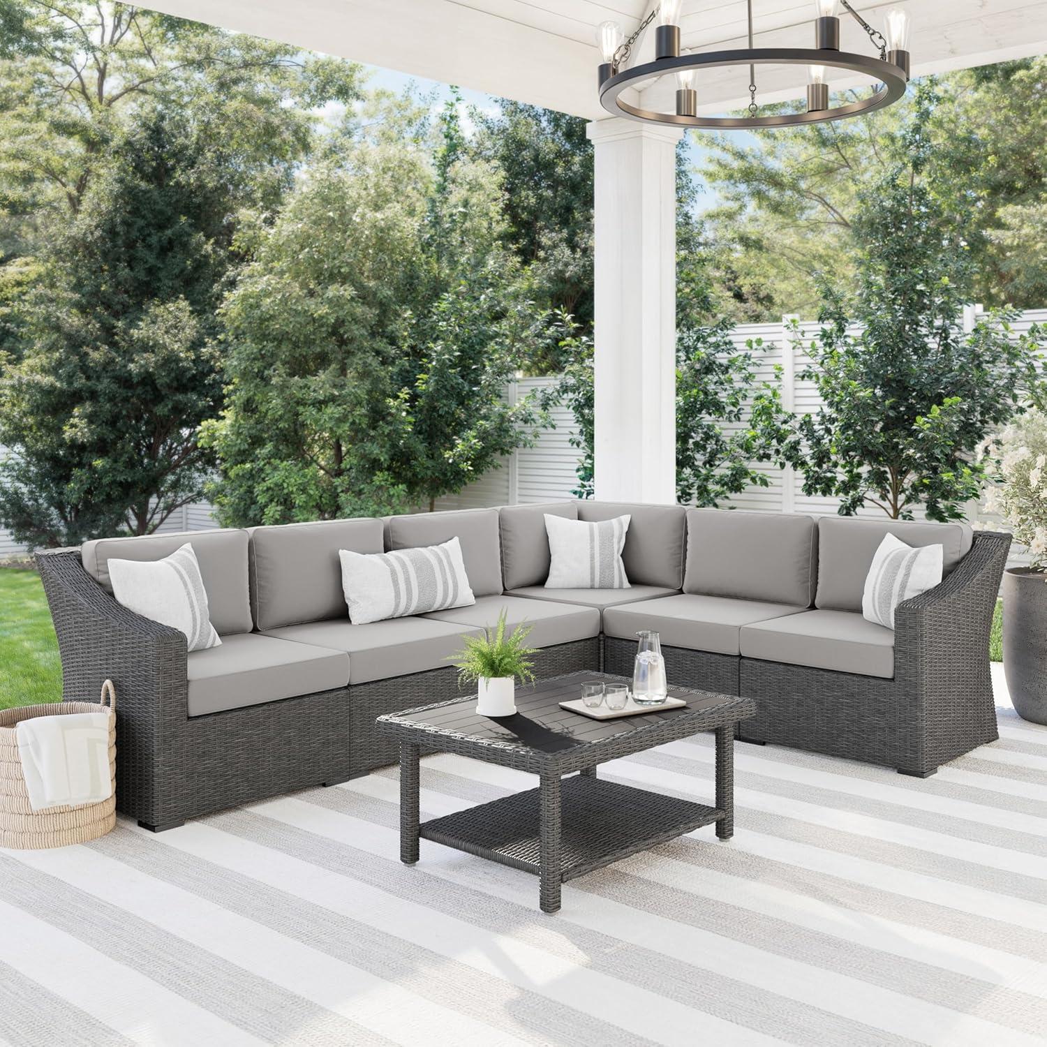 imageMartha Stewart Bedford IndoorOutdoor Modular Patio Sectional Sofa for 6 with Rattan Wicker Finish in Gray with Gray AllWeather Cushions