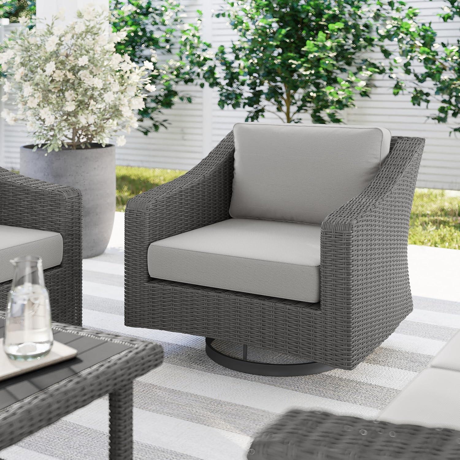 imageMartha Stewart Bedford IndoorOutdoor Patio Chair with 360 Swivel Functionality and Rattan Wicker Finish in Gray with Gray AllWeather Cushions