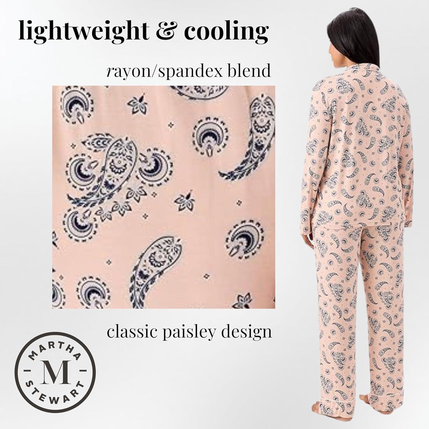 imageMartha Stewart Cooling Rayon Pajama Set for Women Long Sleeve ButtonDown Style for Cool Comfortable CoverageEvening Sand