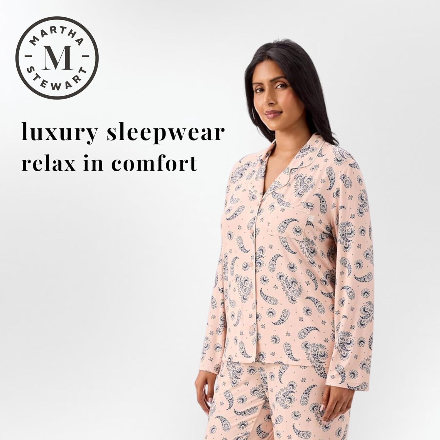imageMartha Stewart Cooling Rayon Pajama Set for Women Long Sleeve ButtonDown Style for Cool Comfortable CoverageEvening Sand