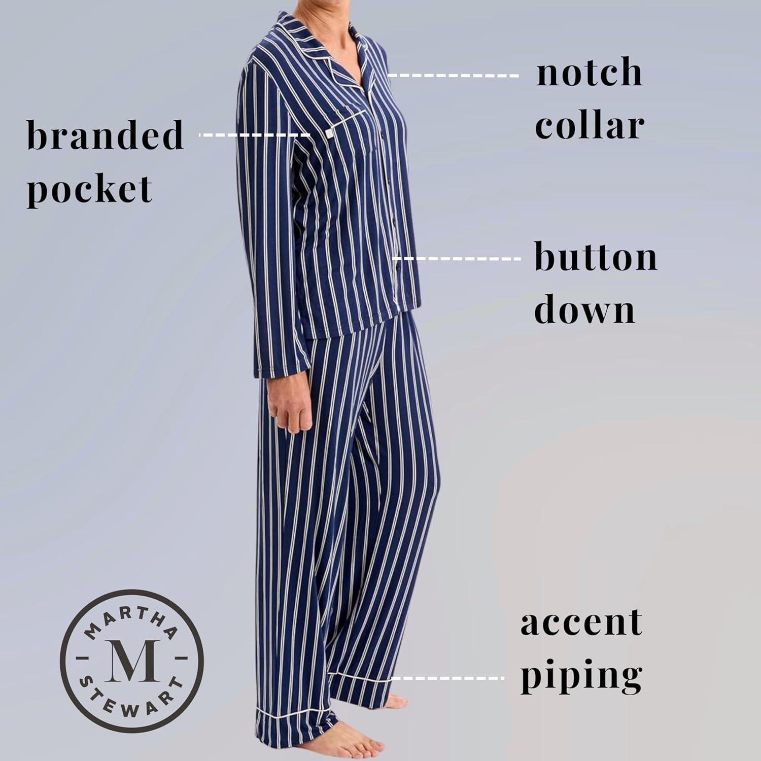 imageMartha Stewart Cooling Rayon Pajama Set for Women Long Sleeve ButtonDown Style for Cool Comfortable CoverageMedieval Blue