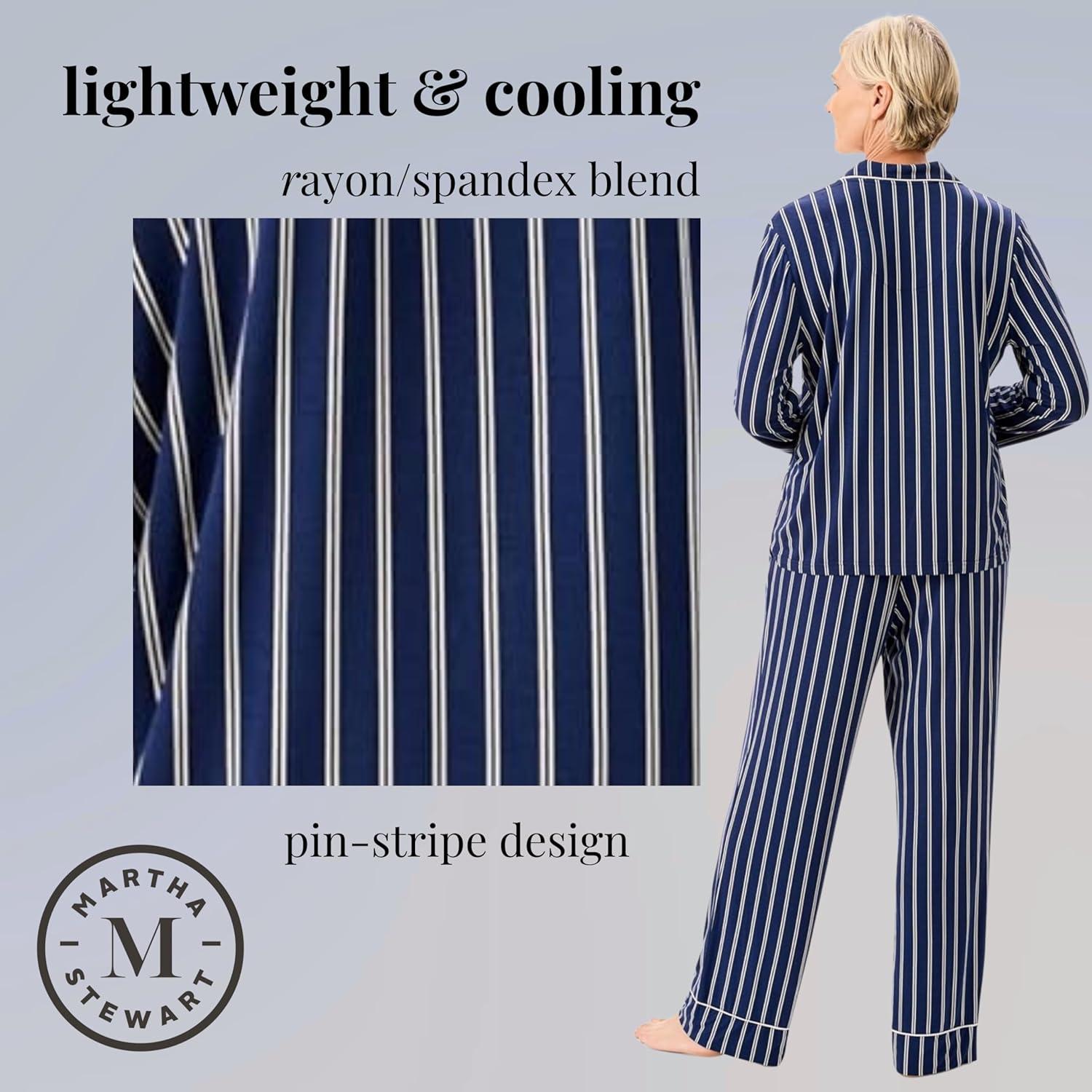 imageMartha Stewart Cooling Rayon Pajama Set for Women Long Sleeve ButtonDown Style for Cool Comfortable CoverageMedieval Blue