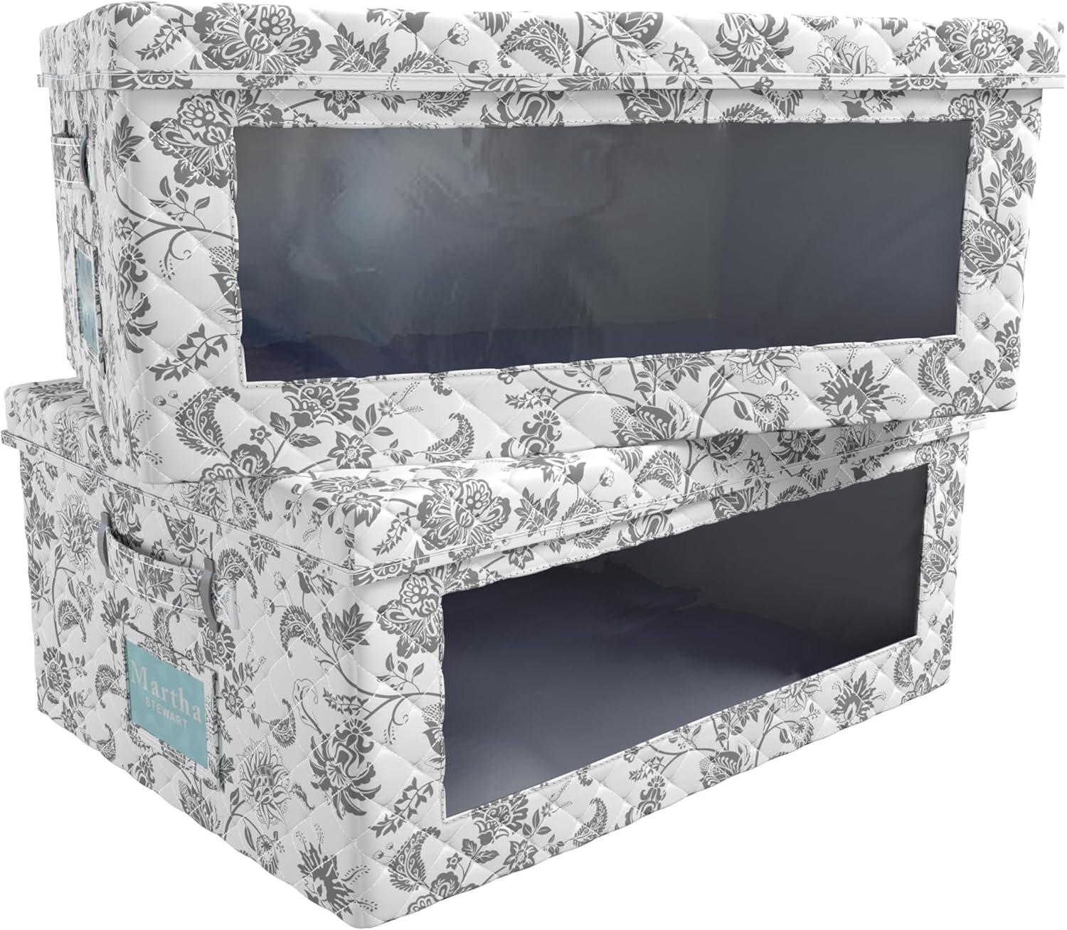imageMartha Stewart Essential Collapsible Stackable Decorative Home Storage Organization With Lidded Tops Set of 2 Lidded Storage Boxes Bedford FloralBedford Floral