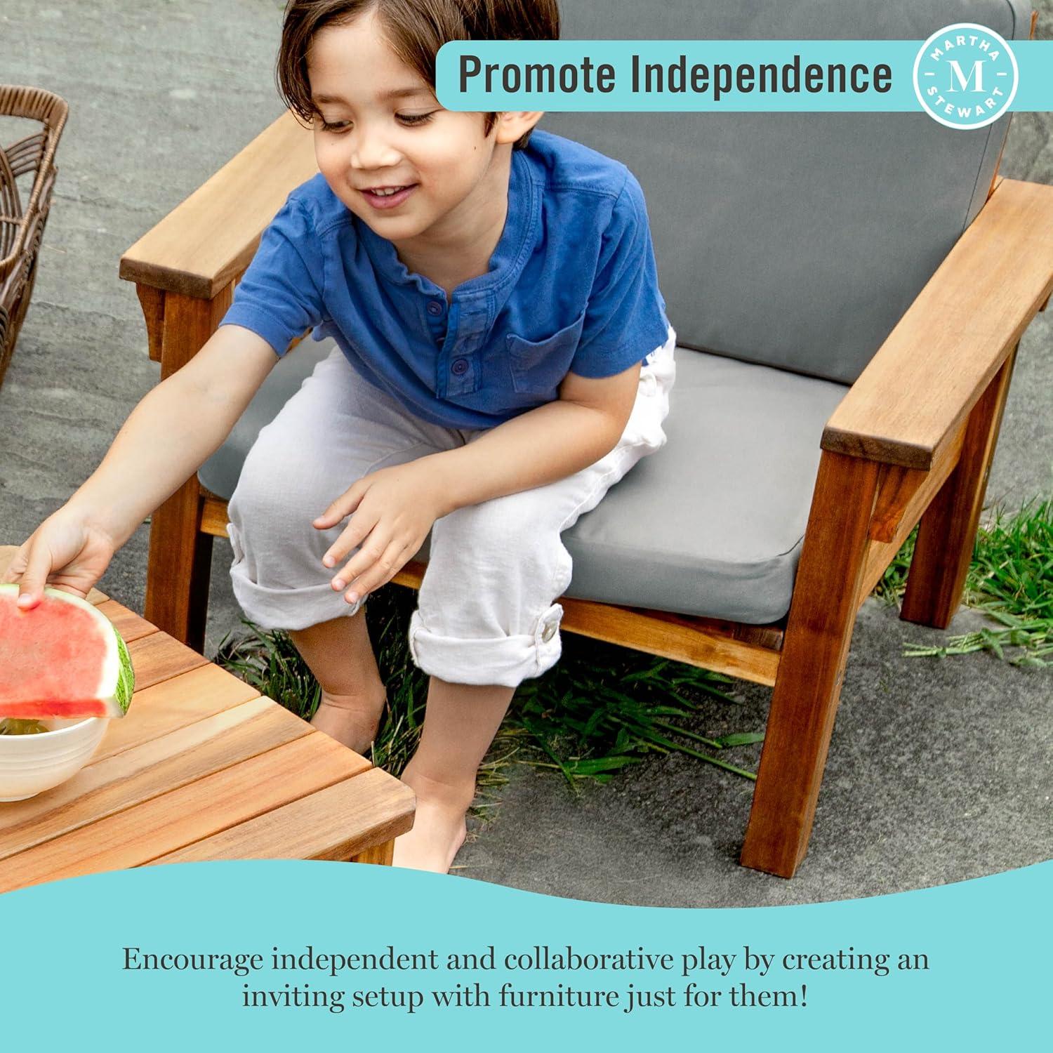 imageMartha Stewart Kids Outdoor Chair Natural Acacia Wood Chair for Kids wGray Polyester Cushions 10 Seat Height Montessori Furniture for Backyard Patio and Outdoor Play amp Learning Environments