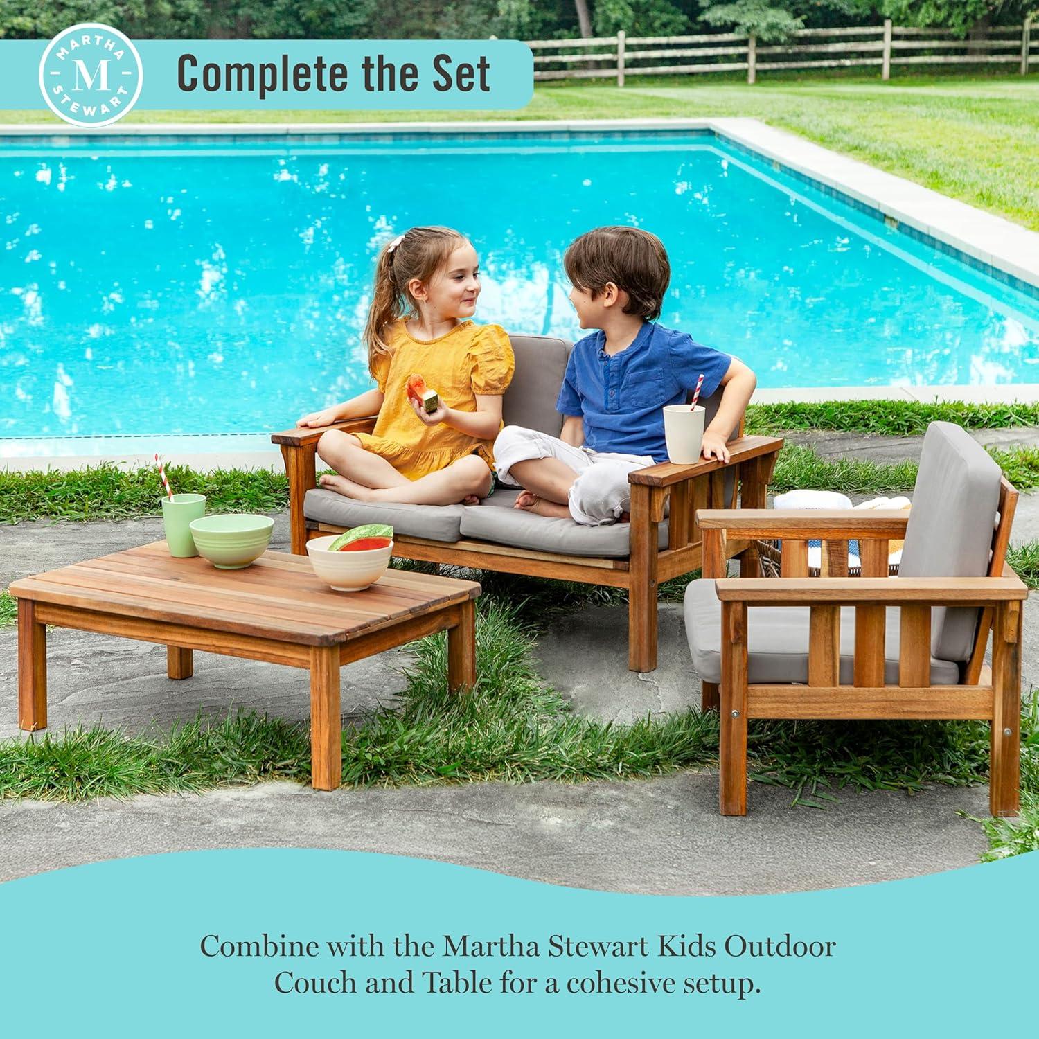 imageMartha Stewart Kids Outdoor Chair Natural Acacia Wood Chair for Kids wGray Polyester Cushions 10 Seat Height Montessori Furniture for Backyard Patio and Outdoor Play amp Learning Environments