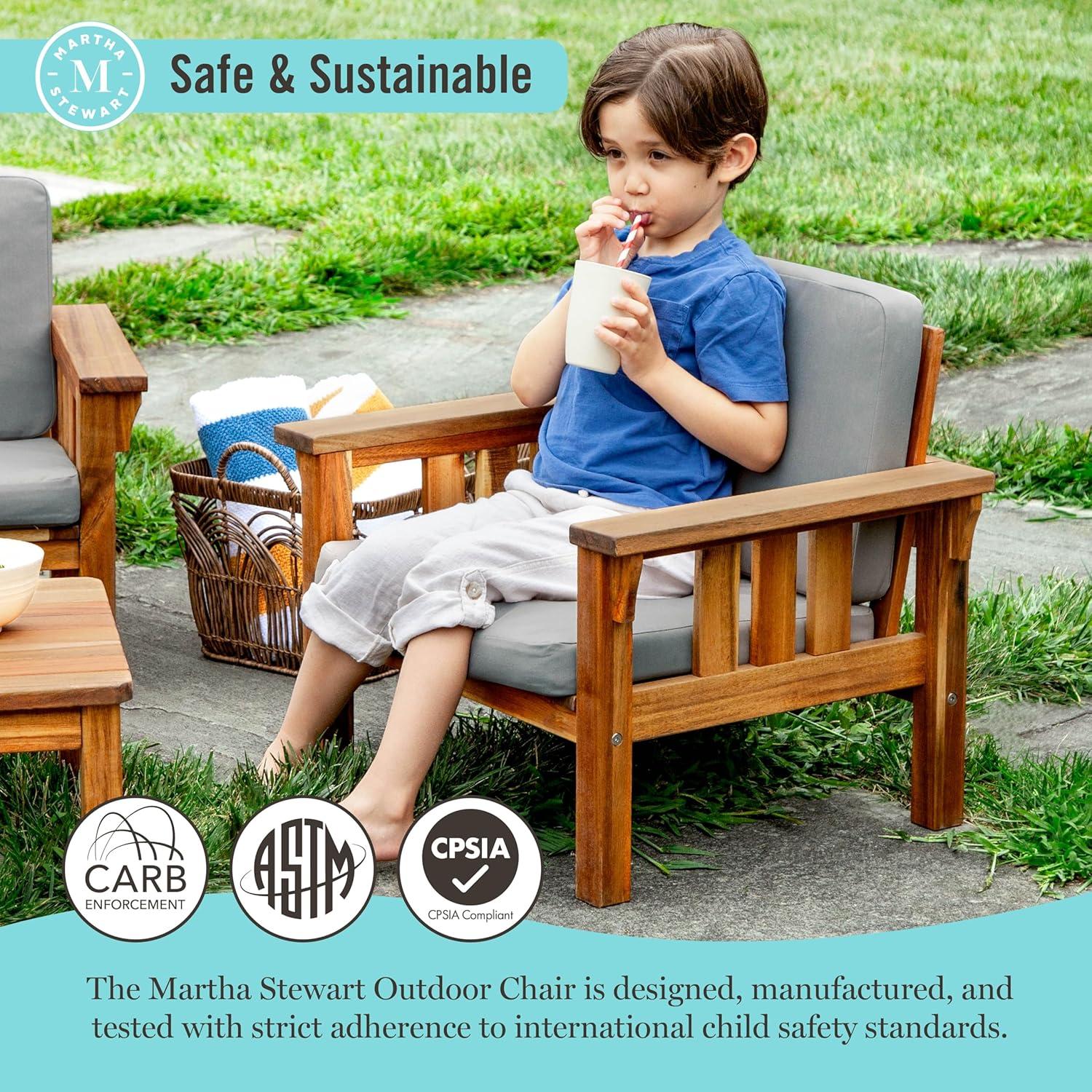 imageMartha Stewart Kids Outdoor Chair Natural Acacia Wood Chair for Kids wGray Polyester Cushions 10 Seat Height Montessori Furniture for Backyard Patio and Outdoor Play amp Learning Environments