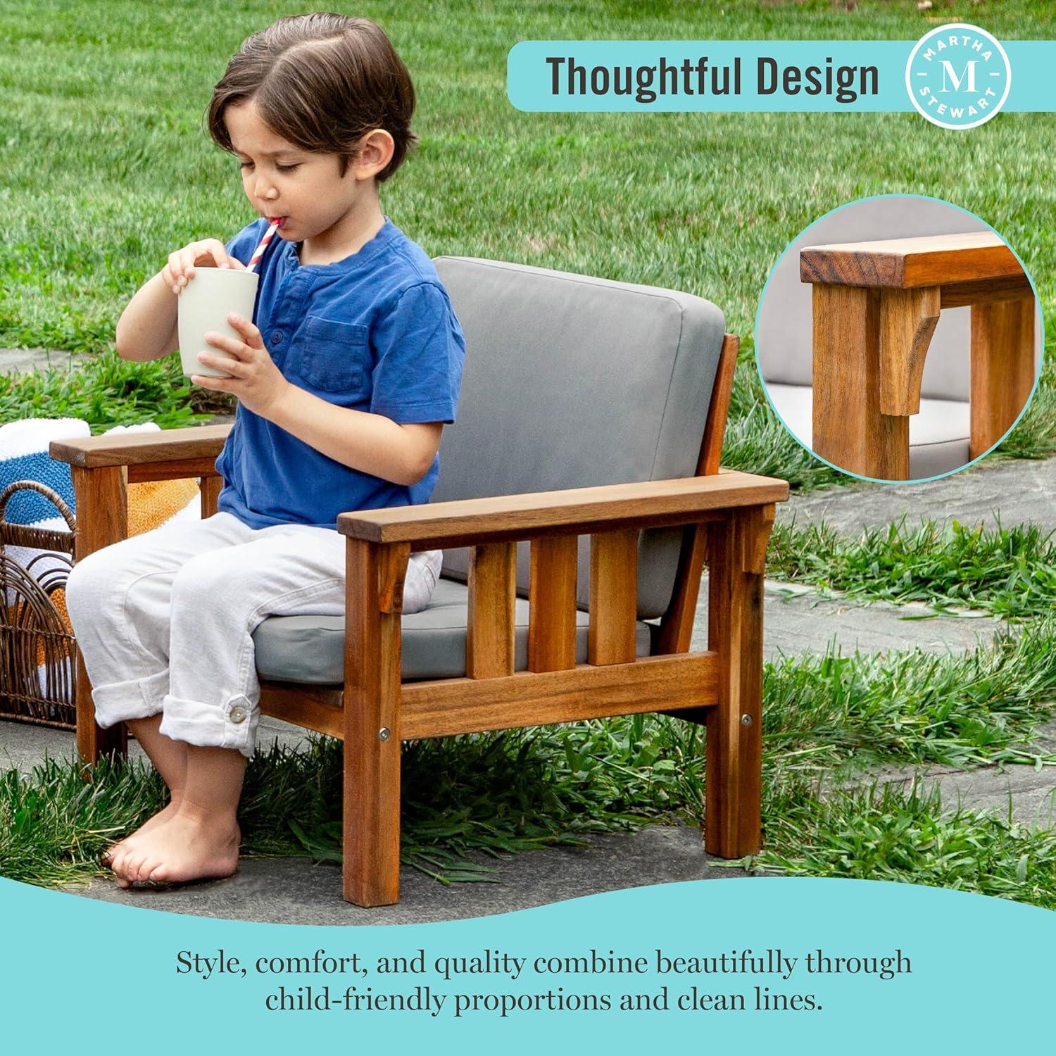 imageMartha Stewart Kids Outdoor Chair Natural Acacia Wood Chair for Kids wGray Polyester Cushions 10 Seat Height Montessori Furniture for Backyard Patio and Outdoor Play amp Learning Environments
