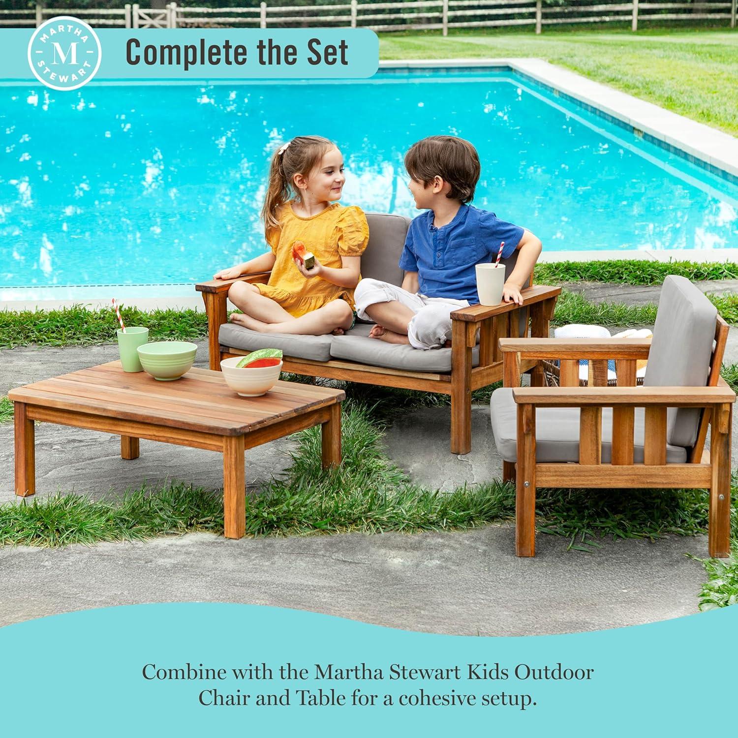 imageMartha Stewart Kids Outdoor Sofa Chair Natural Acacia Wood Outdoor Couch for Kids wGray Polyester Cushions 10 Seat Height Montessori Furniture for Backyard Patio Garden Porch