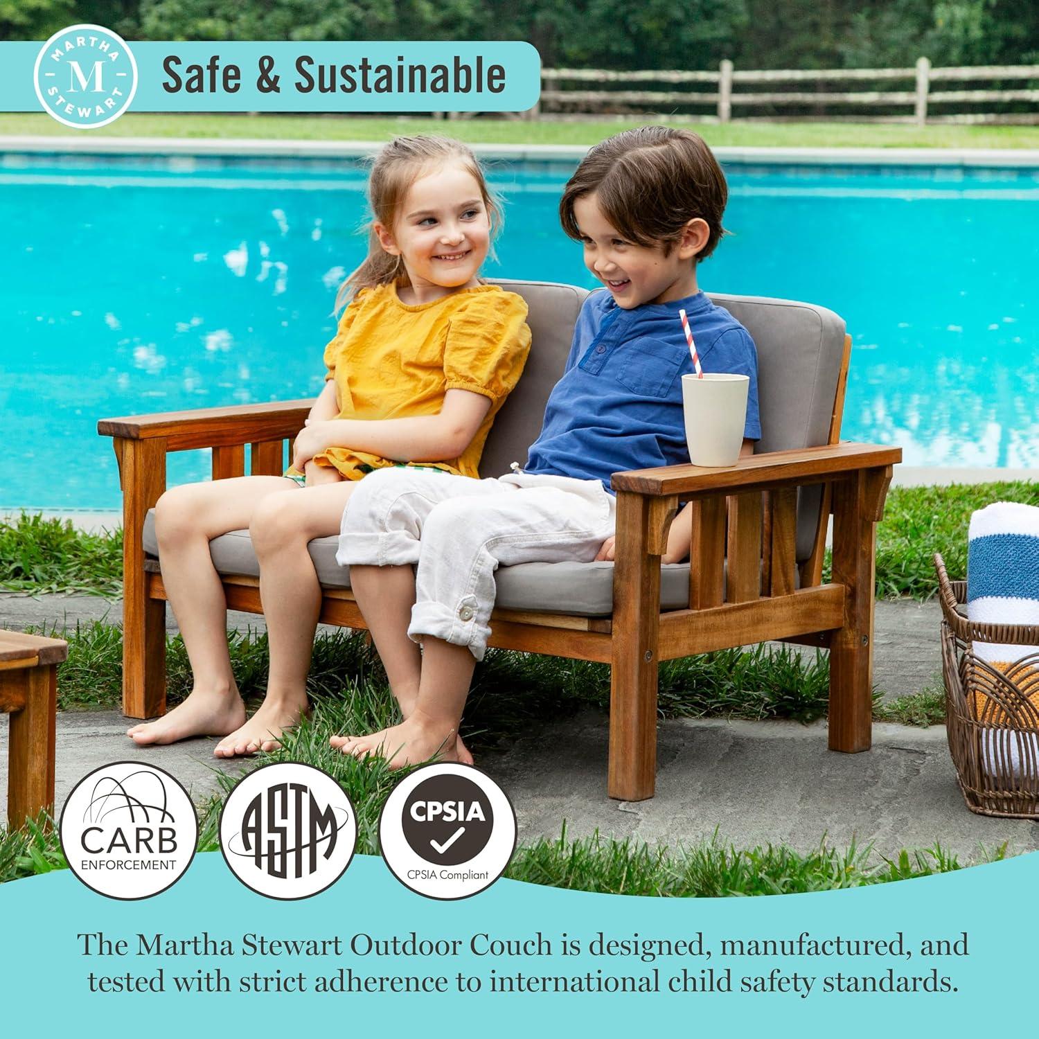 imageMartha Stewart Kids Outdoor Sofa Chair Natural Acacia Wood Outdoor Couch for Kids wGray Polyester Cushions 10 Seat Height Montessori Furniture for Backyard Patio Garden Porch