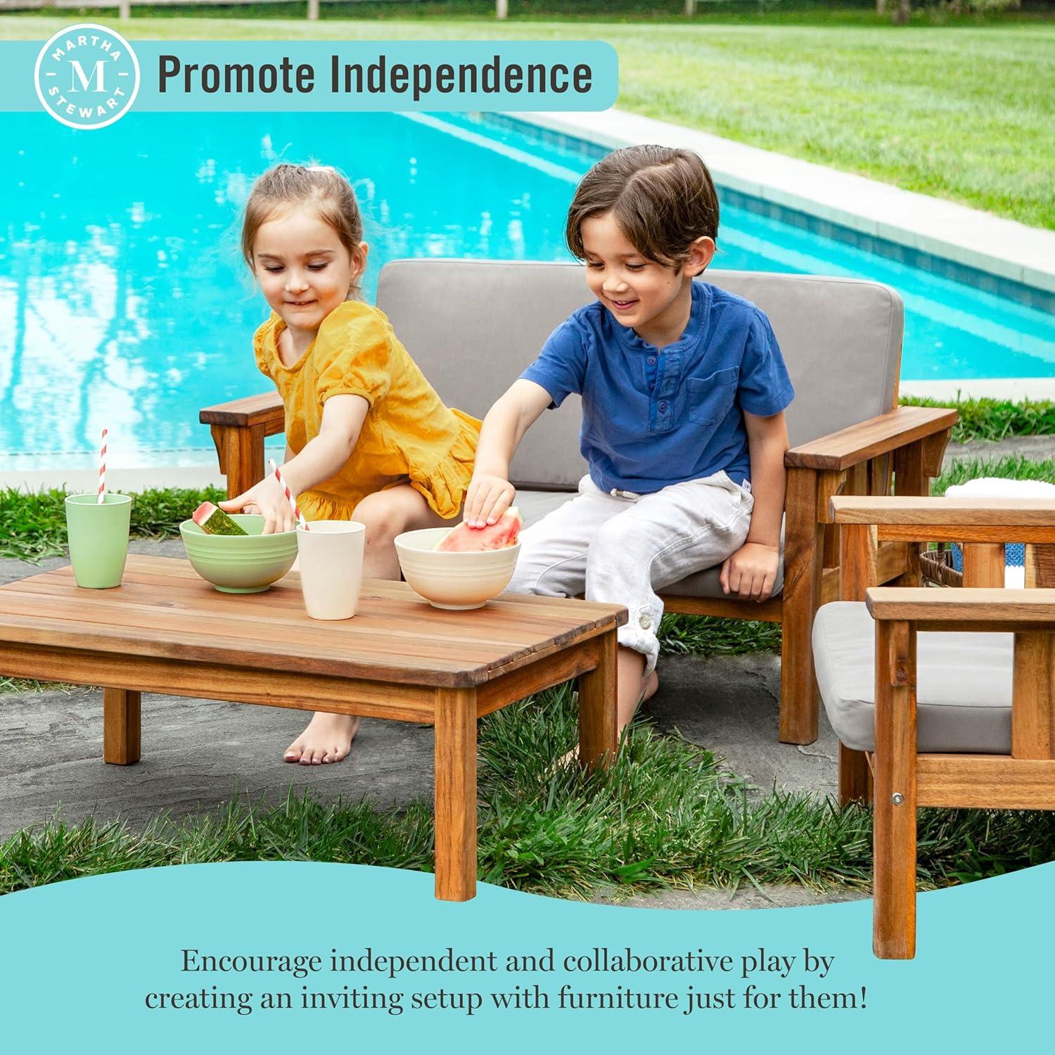 imageMartha Stewart Kids Outdoor Sofa Chair Natural Acacia Wood Outdoor Couch for Kids wGray Polyester Cushions 10 Seat Height Montessori Furniture for Backyard Patio Garden Porch