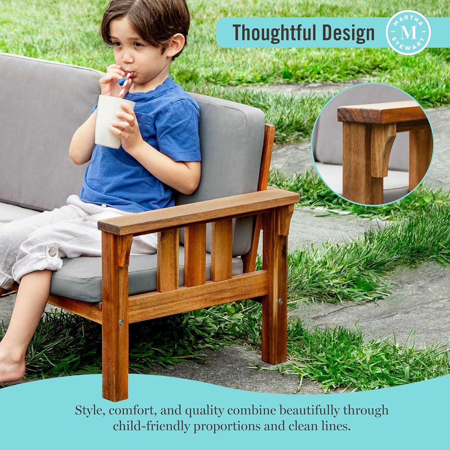 imageMartha Stewart Kids Outdoor Sofa Chair Natural Acacia Wood Outdoor Couch for Kids wGray Polyester Cushions 10 Seat Height Montessori Furniture for Backyard Patio Garden Porch