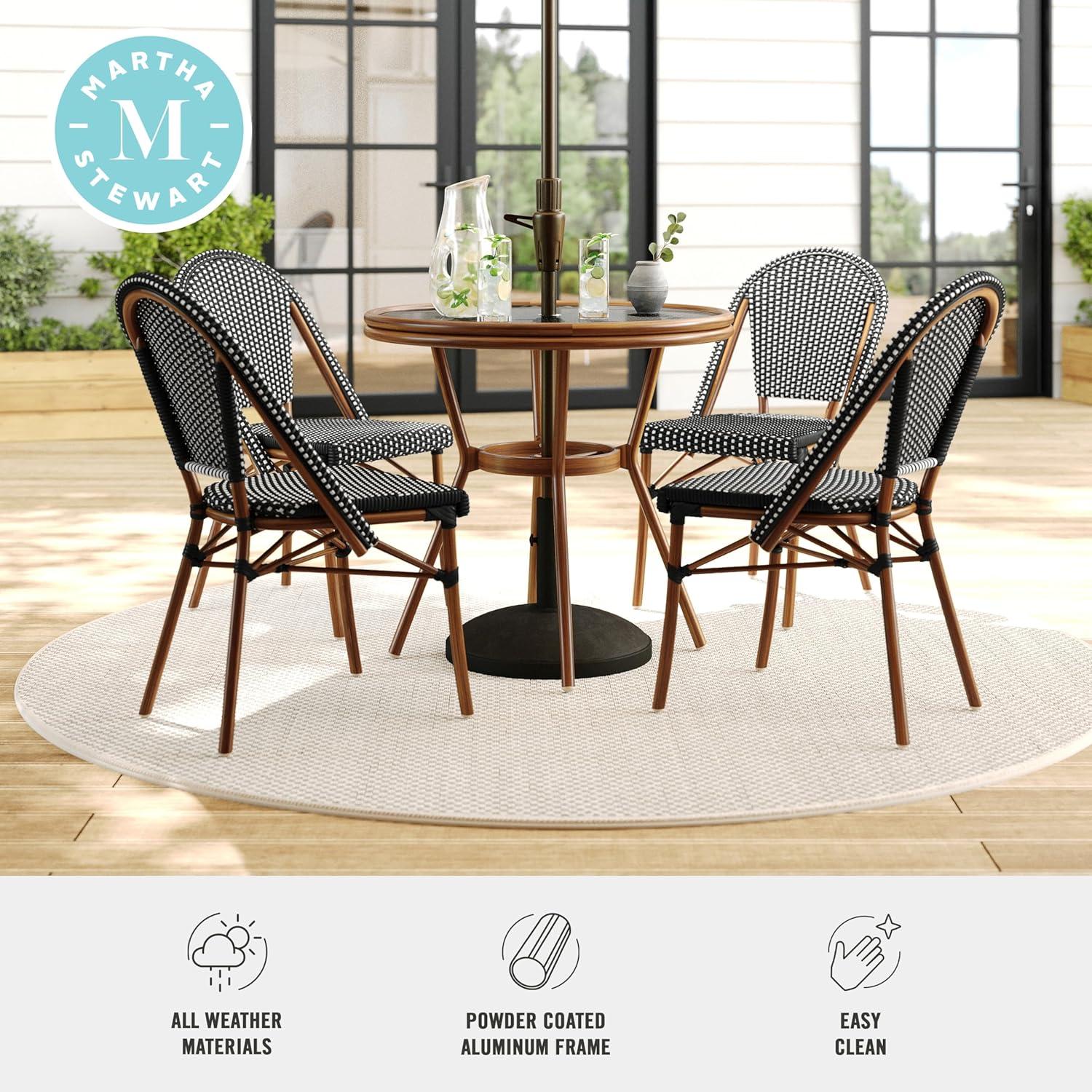 imageMartha Stewart Lily Pond 31 Round IndoorOutdoor Bistro Dining Table with Aluminum Frame in Gray Woodgrain and Rattan Top in WhiteGray with Tempered Glass TopBlack WhiteNatural Frame