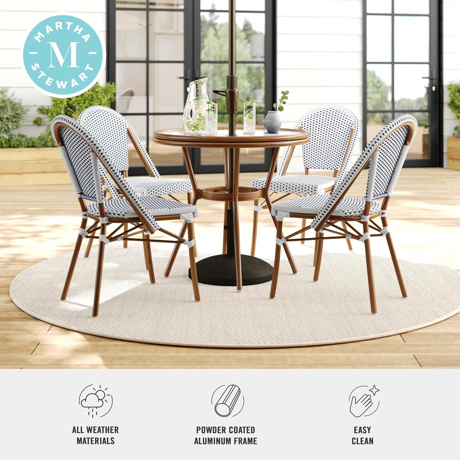 imageMartha Stewart Lily Pond 31 Round IndoorOutdoor Bistro Dining Table with Aluminum Frame in Gray Woodgrain and Rattan Top in WhiteGray with Tempered Glass TopNavy WhiteNatural Frame