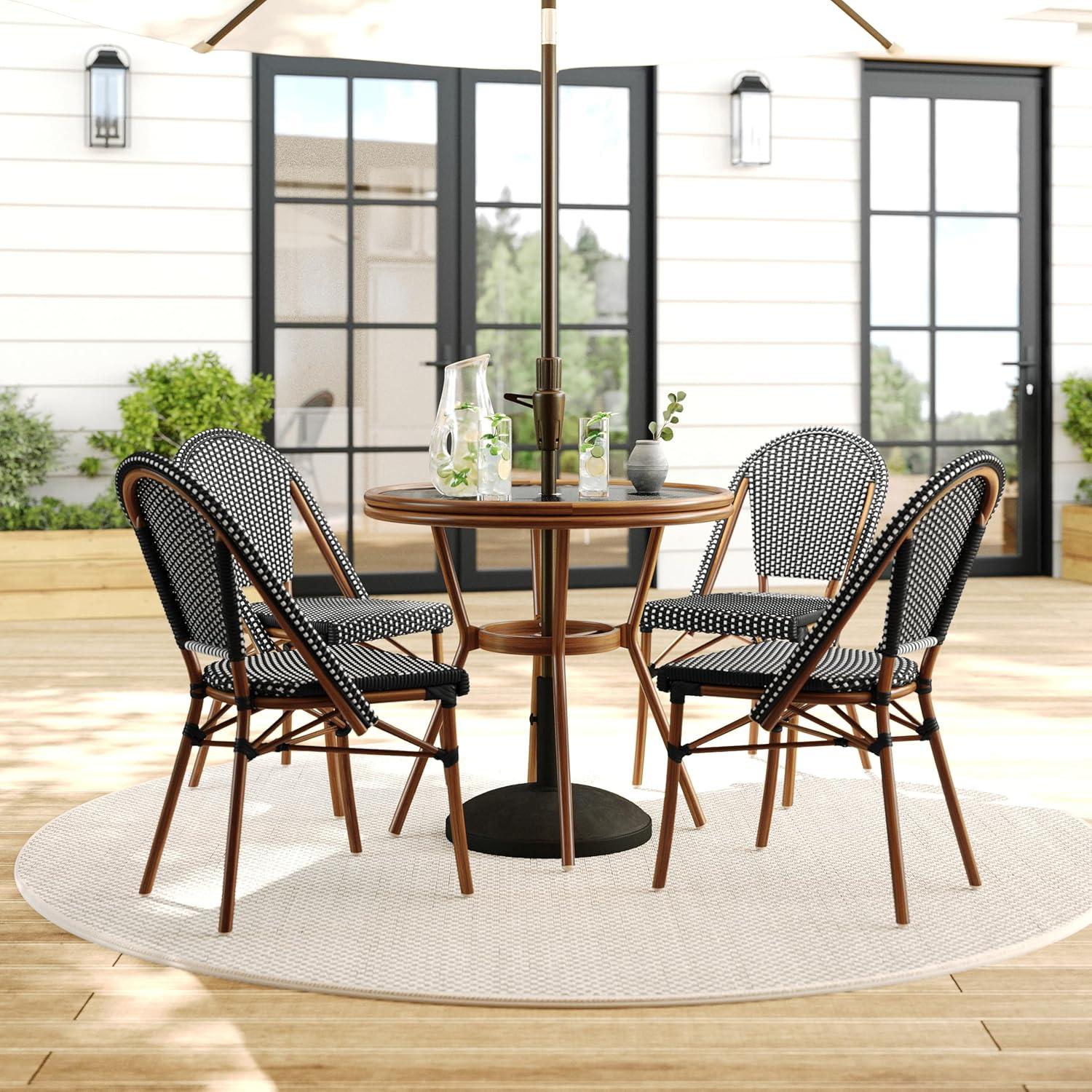 imageMartha Stewart Lily Pond 31 Round IndoorOutdoor Bistro Dining Table with Aluminum Frame in Gray Woodgrain and Rattan Top in WhiteGray with Tempered Glass TopBlack WhiteNatural Frame