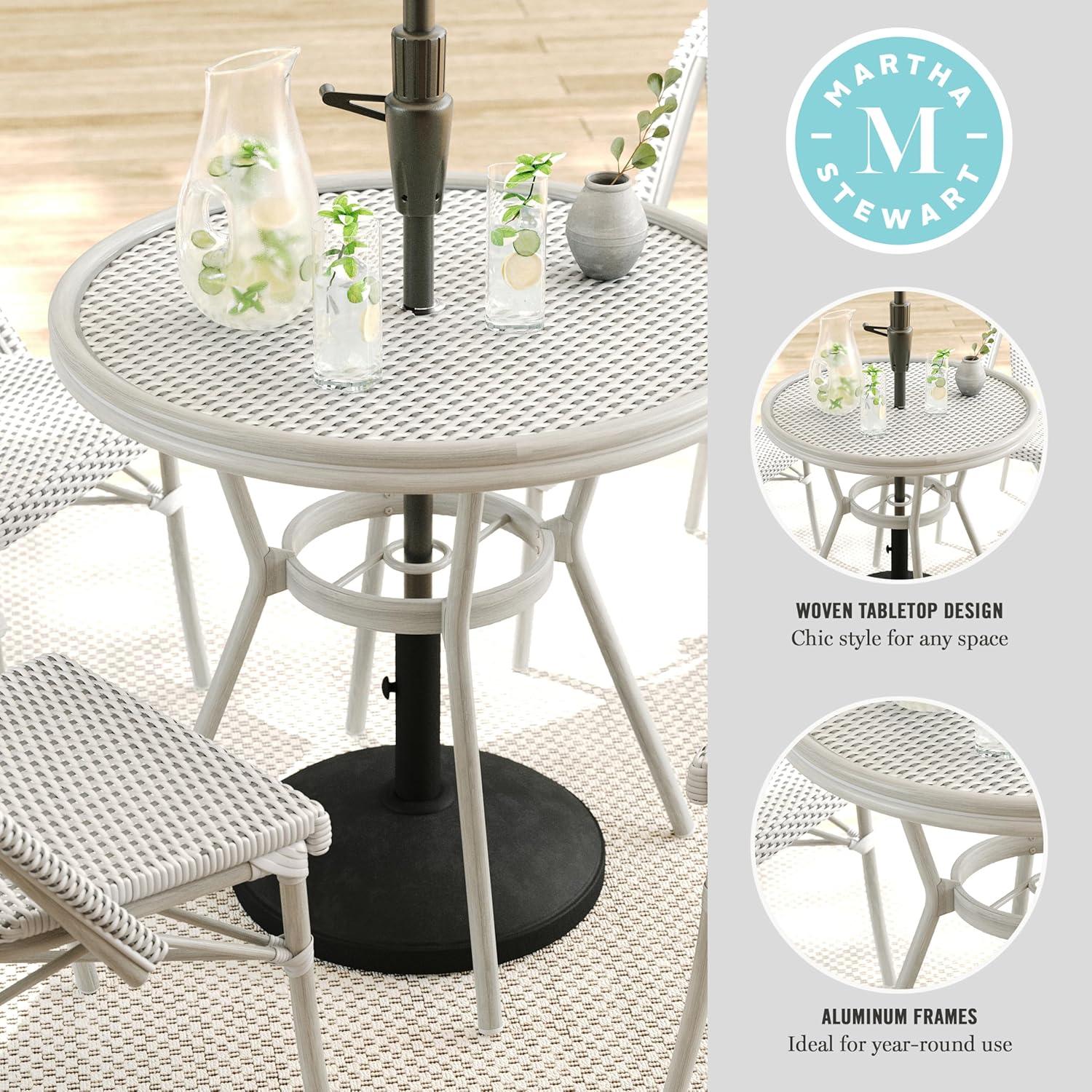 imageMartha Stewart Lily Pond 31 Round IndoorOutdoor Bistro Dining Table with Aluminum Frame in Gray Woodgrain and Rattan Top in WhiteGray with Tempered Glass TopGray WhiteGray Frame