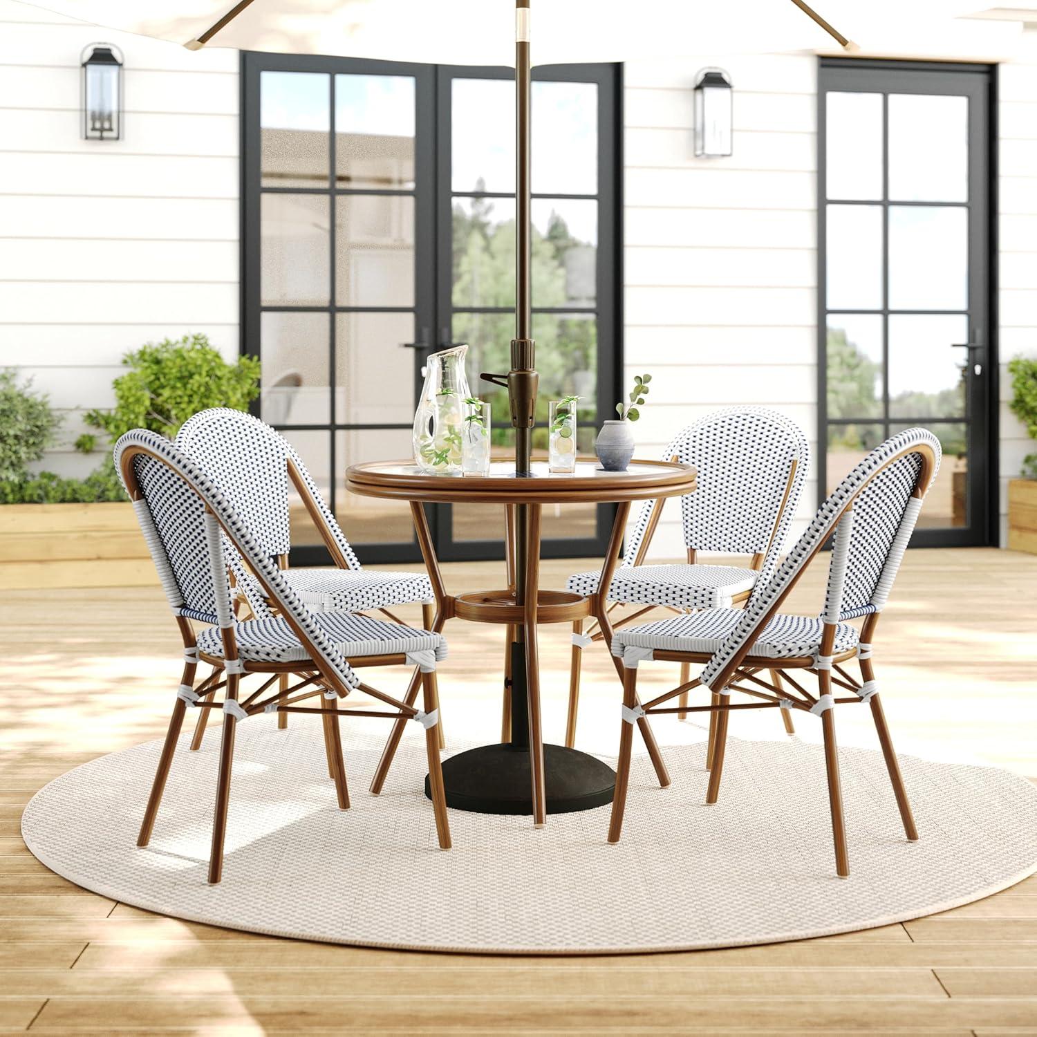 imageMartha Stewart Lily Pond 31 Round IndoorOutdoor Bistro Dining Table with Aluminum Frame in Gray Woodgrain and Rattan Top in WhiteGray with Tempered Glass TopNavy WhiteNatural Frame