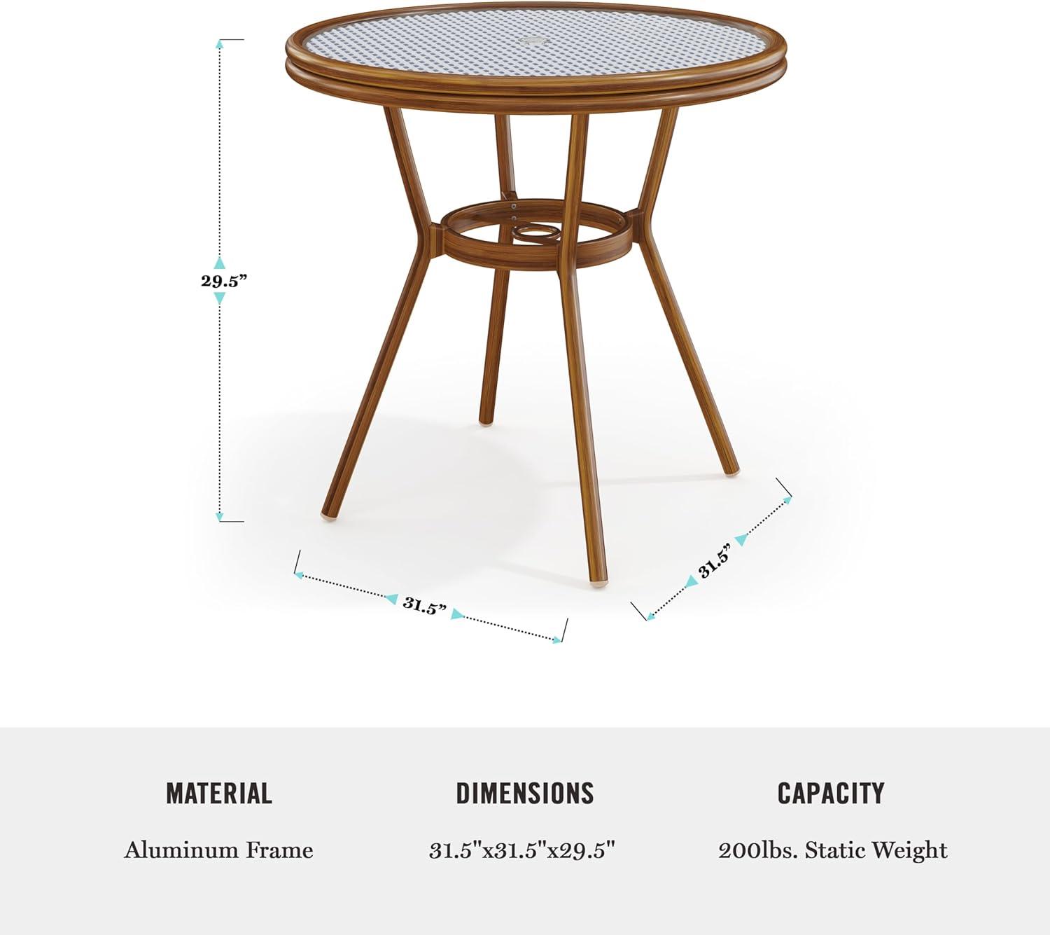 imageMartha Stewart Lily Pond 31 Round IndoorOutdoor Bistro Dining Table with Aluminum Frame in Gray Woodgrain and Rattan Top in WhiteGray with Tempered Glass TopNavy WhiteNatural Frame