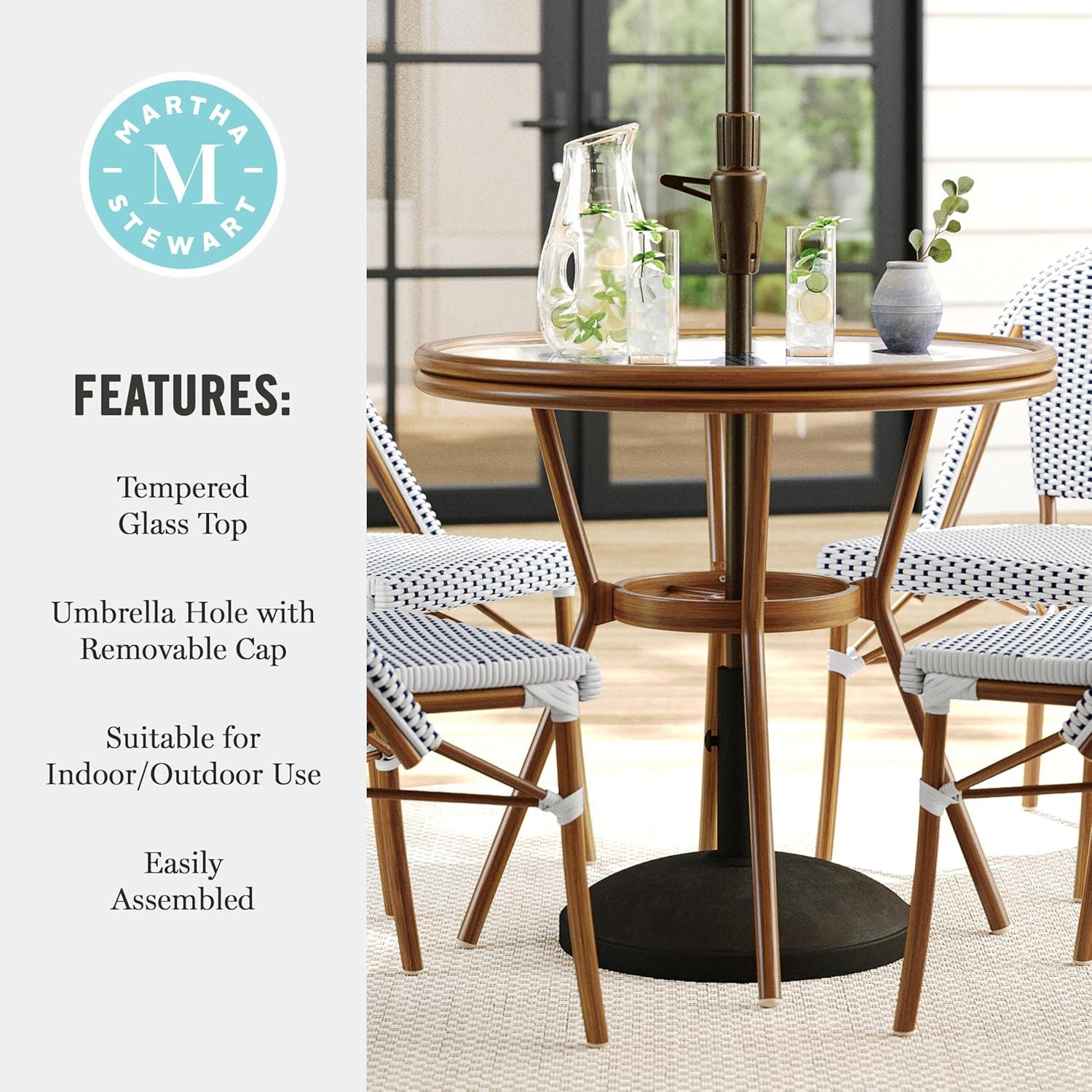 imageMartha Stewart Lily Pond 31 Round IndoorOutdoor Bistro Dining Table with Aluminum Frame in Gray Woodgrain and Rattan Top in WhiteGray with Tempered Glass TopNavy WhiteNatural Frame