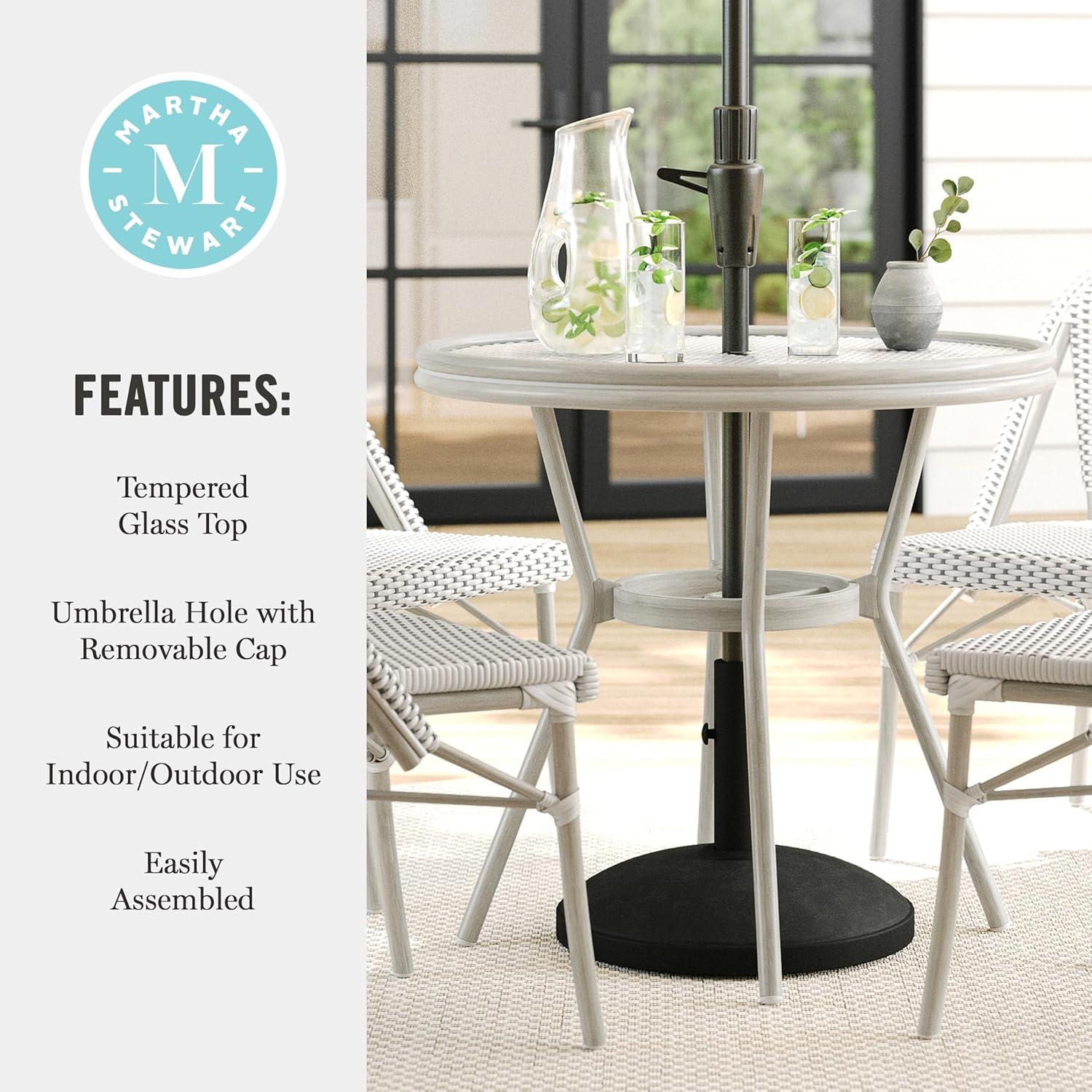 imageMartha Stewart Lily Pond 31 Round IndoorOutdoor Bistro Dining Table with Aluminum Frame in Gray Woodgrain and Rattan Top in WhiteGray with Tempered Glass TopGray WhiteGray Frame