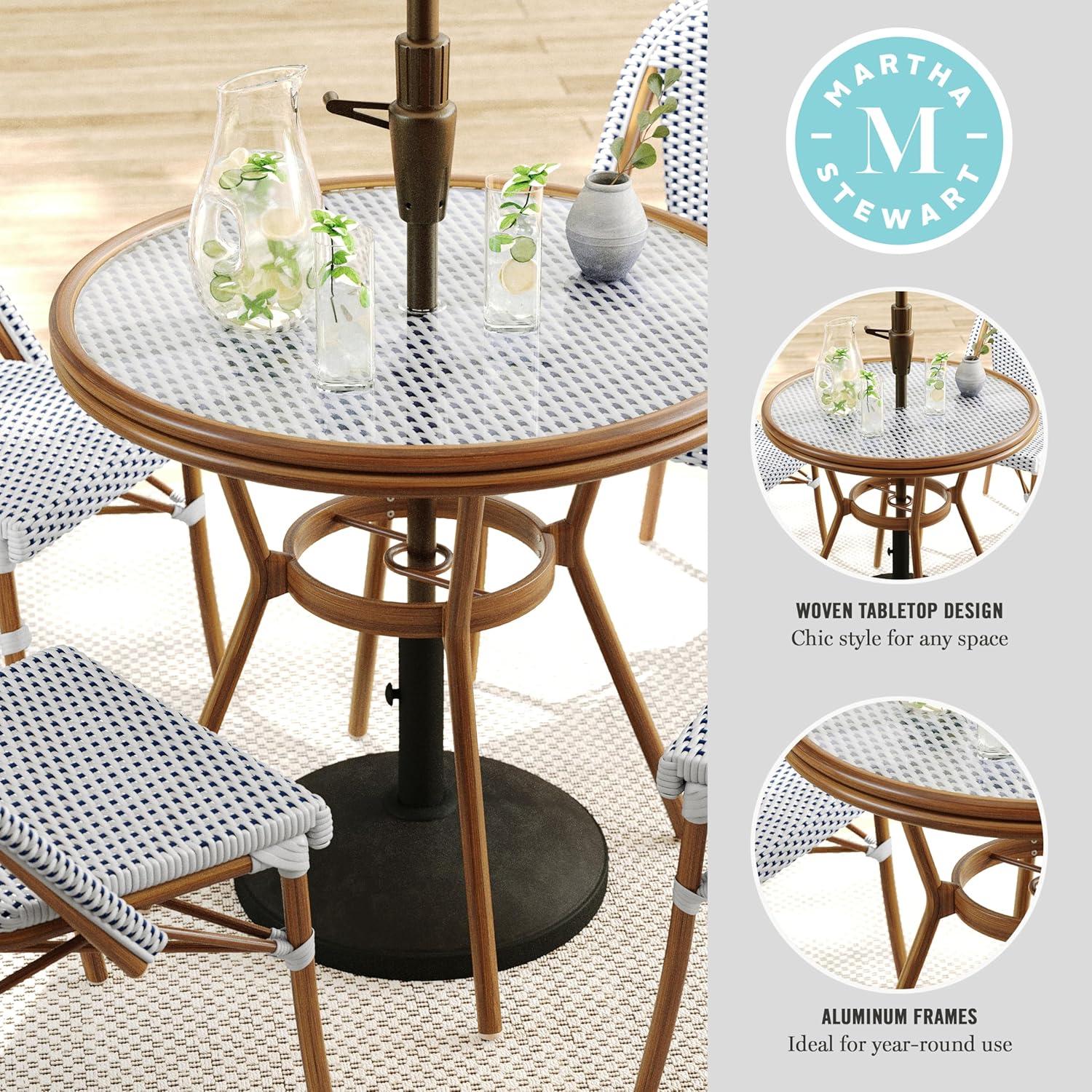 imageMartha Stewart Lily Pond 31 Round IndoorOutdoor Bistro Dining Table with Aluminum Frame in Gray Woodgrain and Rattan Top in WhiteGray with Tempered Glass TopNavy WhiteNatural Frame