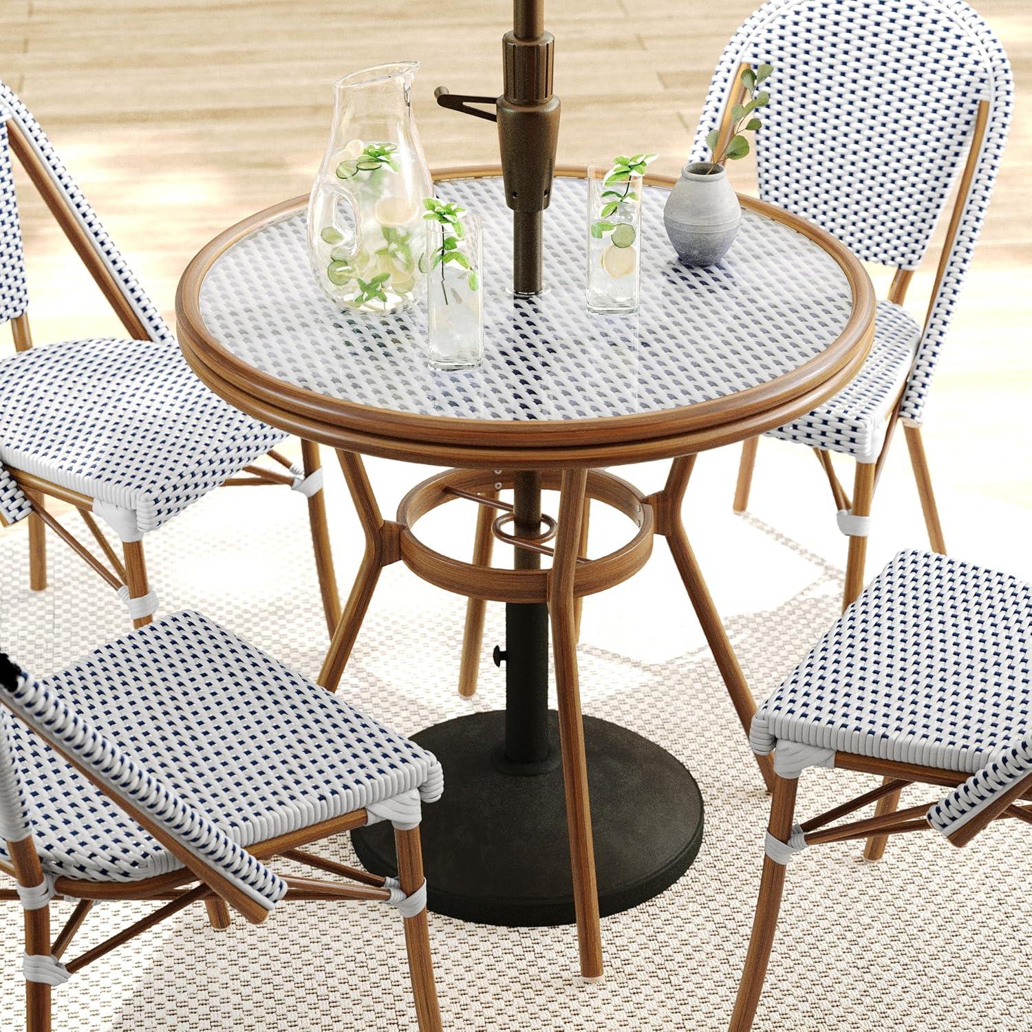 imageMartha Stewart Lily Pond 31 Round IndoorOutdoor Bistro Dining Table with Aluminum Frame in Gray Woodgrain and Rattan Top in WhiteGray with Tempered Glass TopNavy WhiteNatural Frame