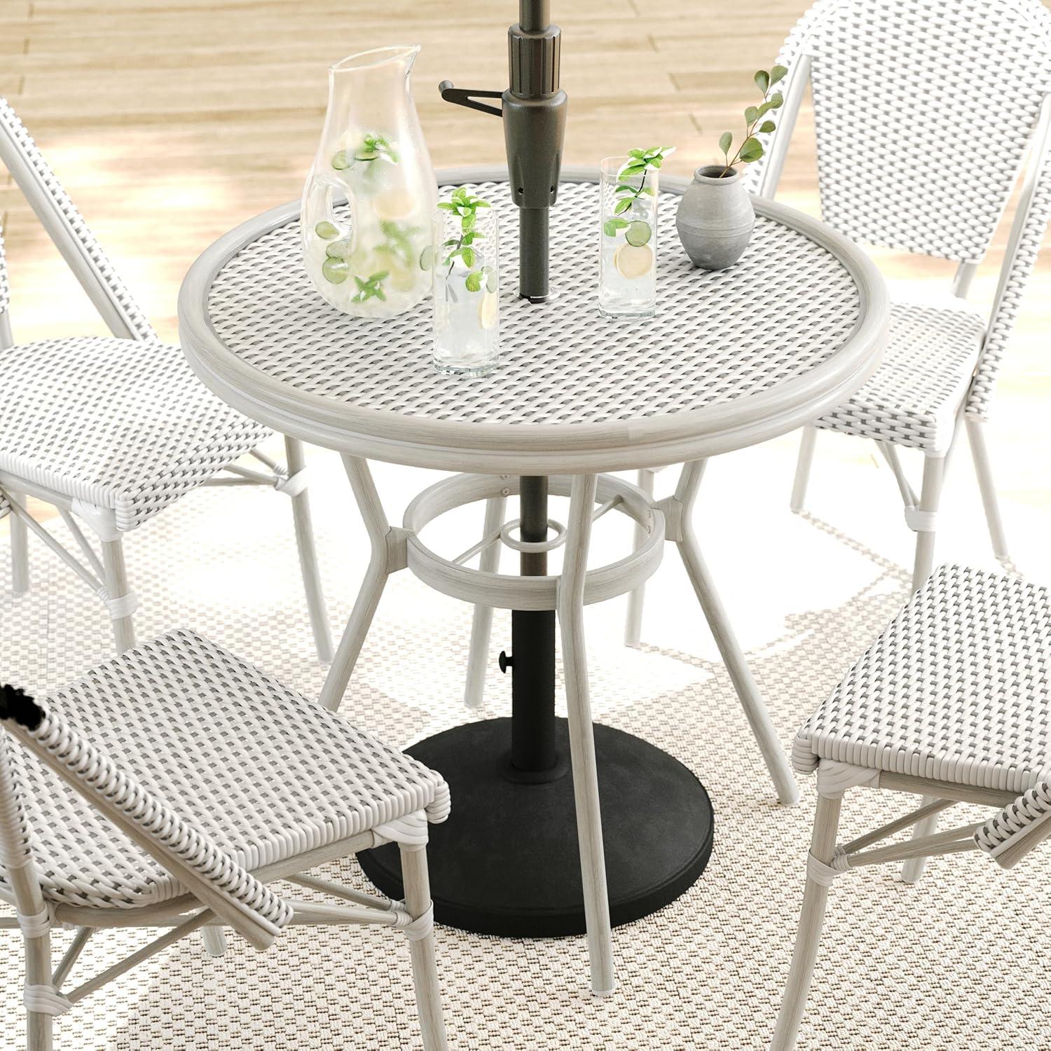 imageMartha Stewart Lily Pond 31 Round IndoorOutdoor Bistro Dining Table with Aluminum Frame in Gray Woodgrain and Rattan Top in WhiteGray with Tempered Glass TopGray WhiteGray Frame