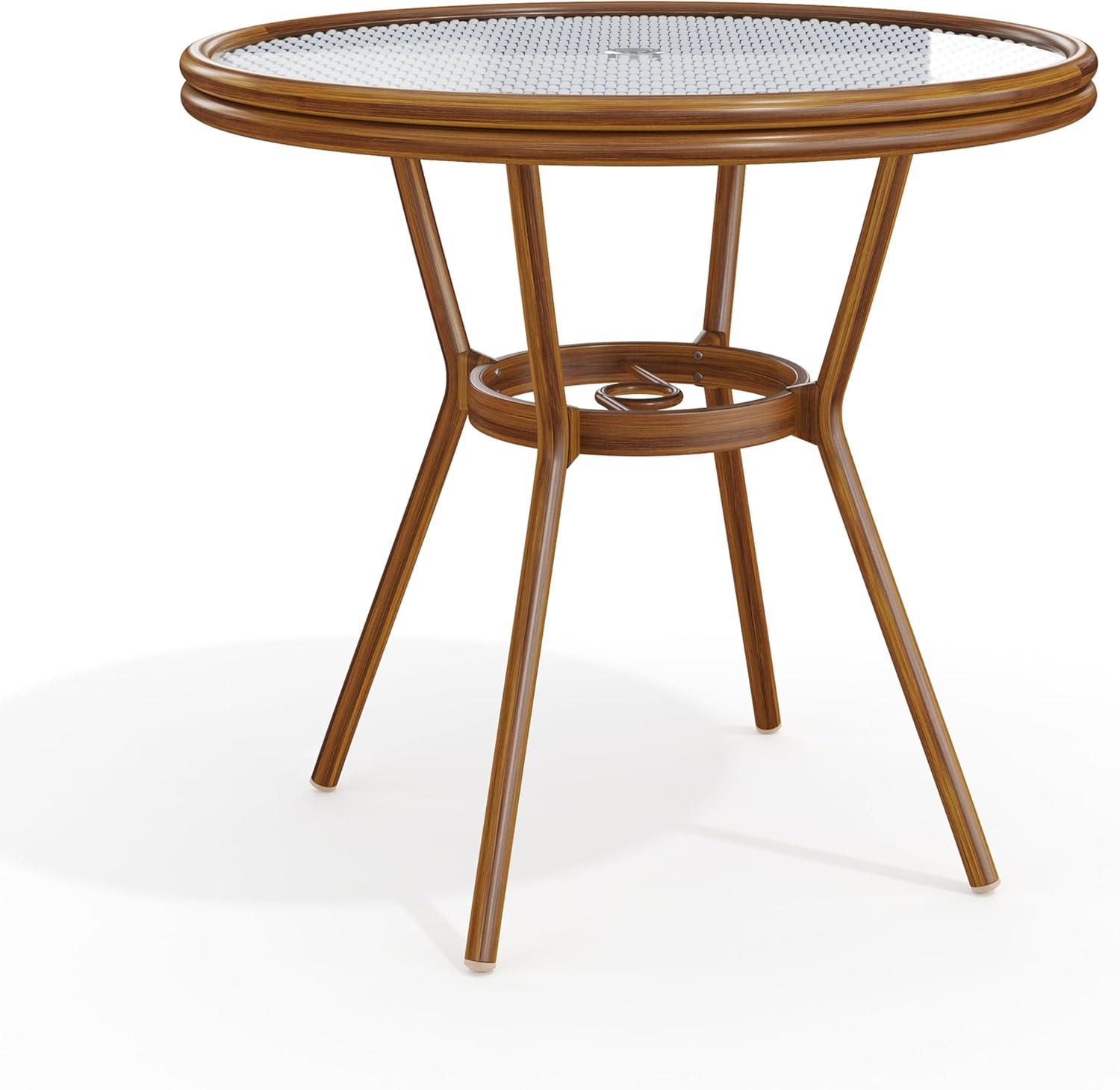 imageMartha Stewart Lily Pond 31 Round IndoorOutdoor Bistro Dining Table with Aluminum Frame in Gray Woodgrain and Rattan Top in WhiteGray with Tempered Glass TopNavy WhiteNatural Frame