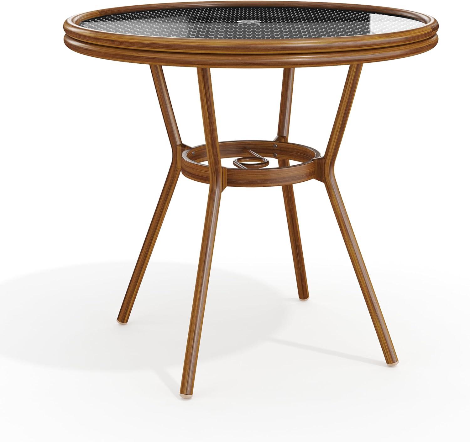 imageMartha Stewart Lily Pond 31 Round IndoorOutdoor Bistro Dining Table with Aluminum Frame in Gray Woodgrain and Rattan Top in WhiteGray with Tempered Glass TopBlack WhiteNatural Frame