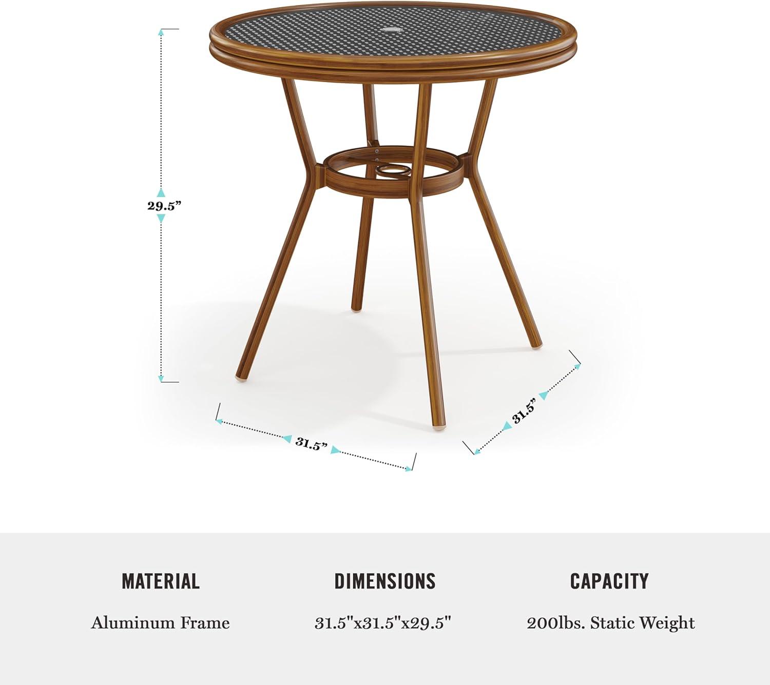 imageMartha Stewart Lily Pond 31 Round IndoorOutdoor Bistro Dining Table with Aluminum Frame in Gray Woodgrain and Rattan Top in WhiteGray with Tempered Glass TopBlack WhiteNatural Frame