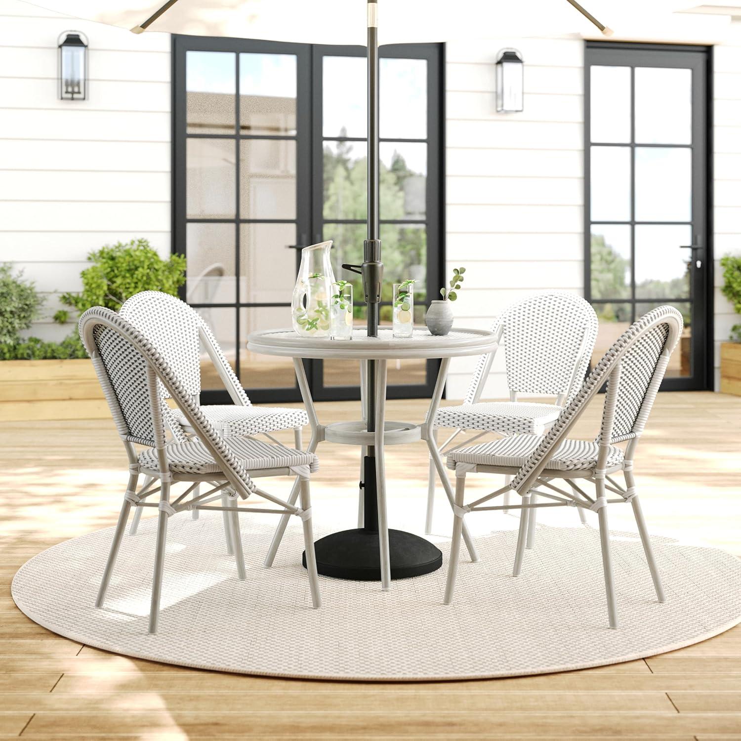 imageMartha Stewart Lily Pond 31 Round IndoorOutdoor Bistro Dining Table with Aluminum Frame in Gray Woodgrain and Rattan Top in WhiteGray with Tempered Glass TopGray WhiteGray Frame