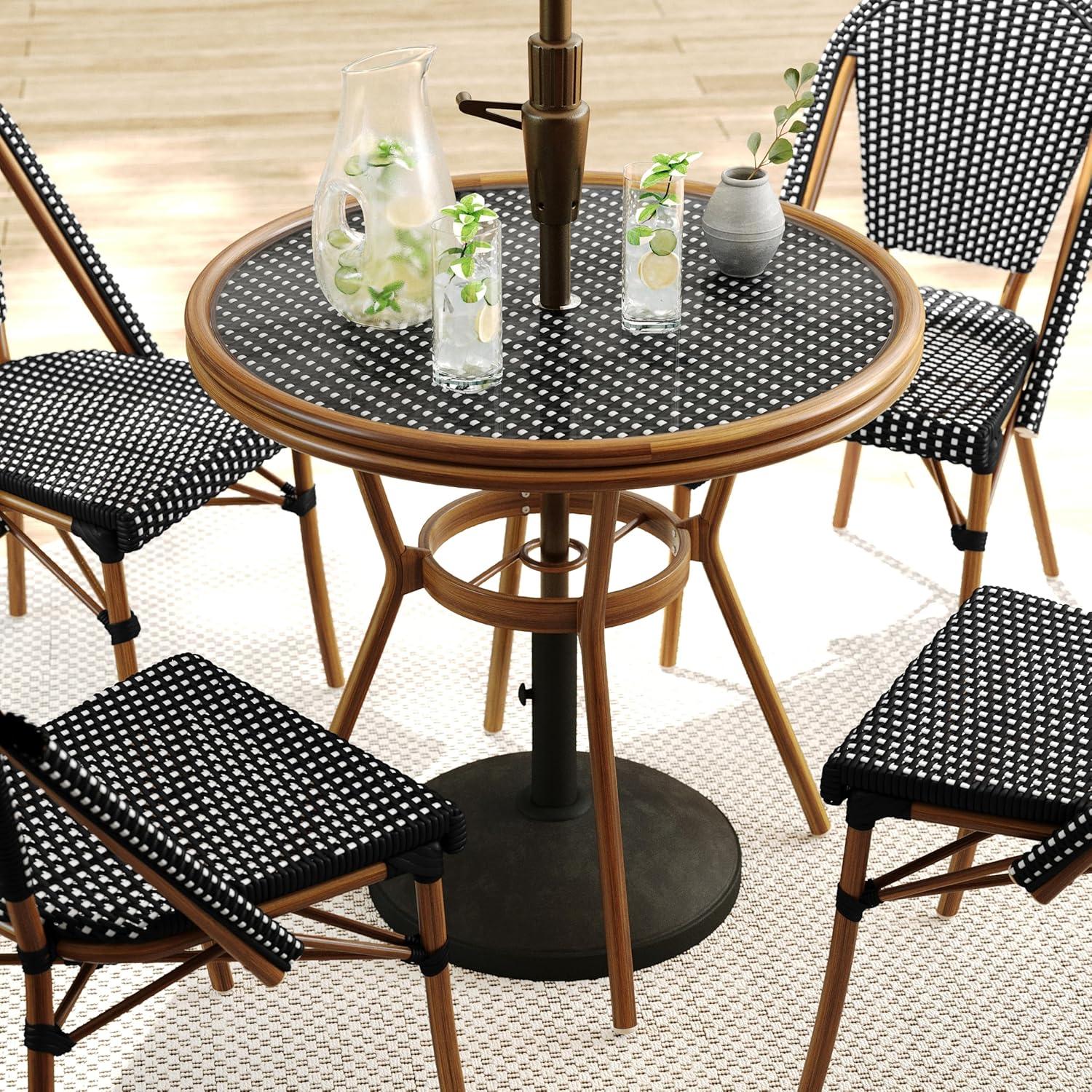 imageMartha Stewart Lily Pond 31 Round IndoorOutdoor Bistro Dining Table with Aluminum Frame in Gray Woodgrain and Rattan Top in WhiteGray with Tempered Glass TopBlack WhiteNatural Frame