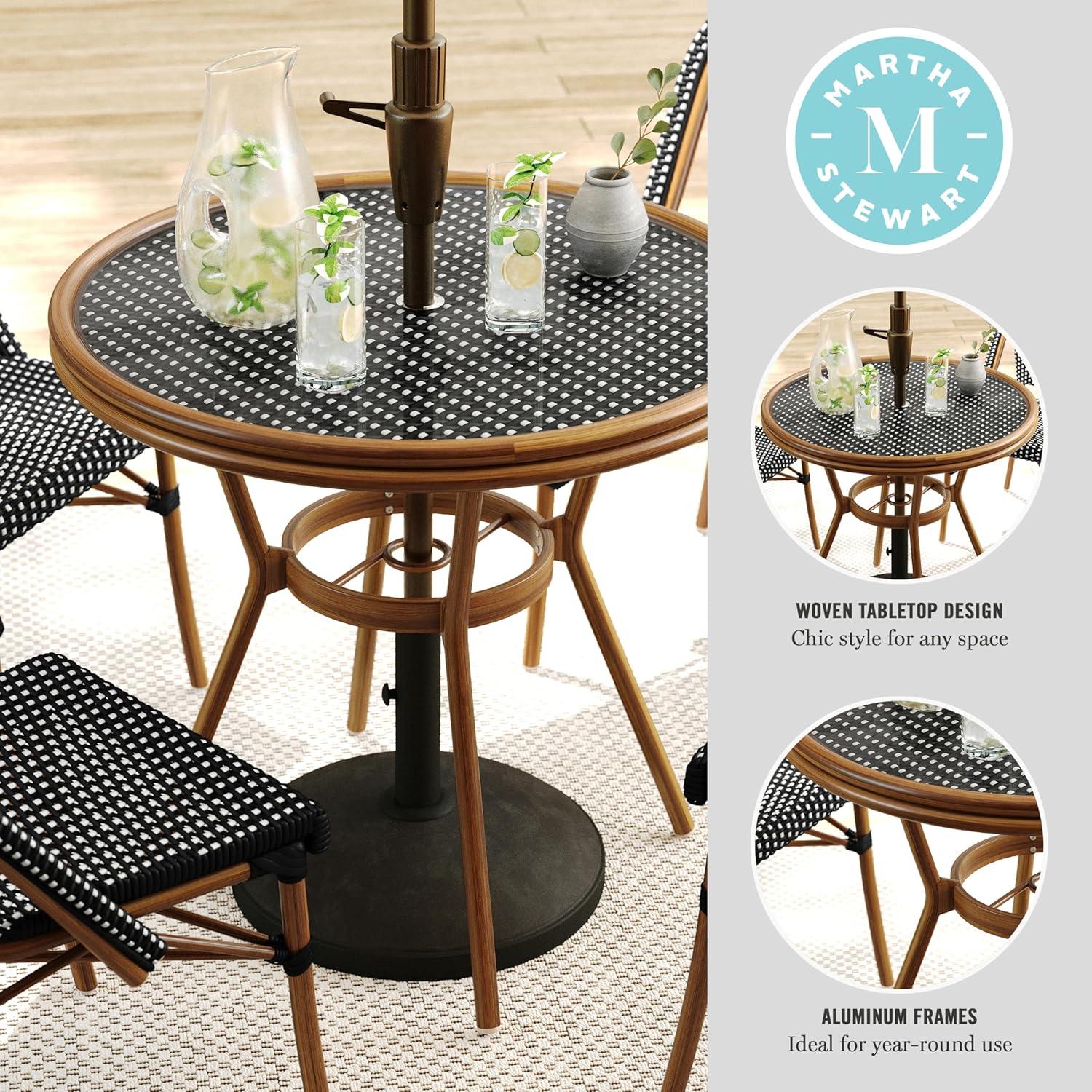 imageMartha Stewart Lily Pond 31 Round IndoorOutdoor Bistro Dining Table with Aluminum Frame in Gray Woodgrain and Rattan Top in WhiteGray with Tempered Glass TopBlack WhiteNatural Frame