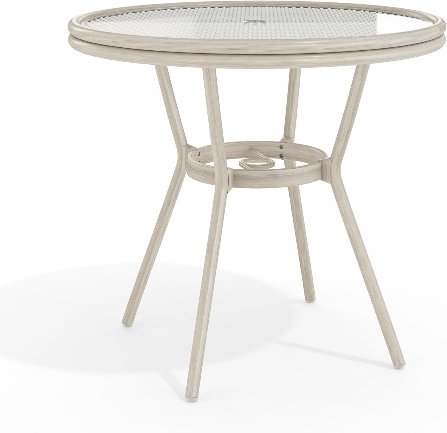 imageMartha Stewart Lily Pond 31 Round IndoorOutdoor Bistro Dining Table with Aluminum Frame in Gray Woodgrain and Rattan Top in WhiteGray with Tempered Glass TopGray WhiteGray Frame