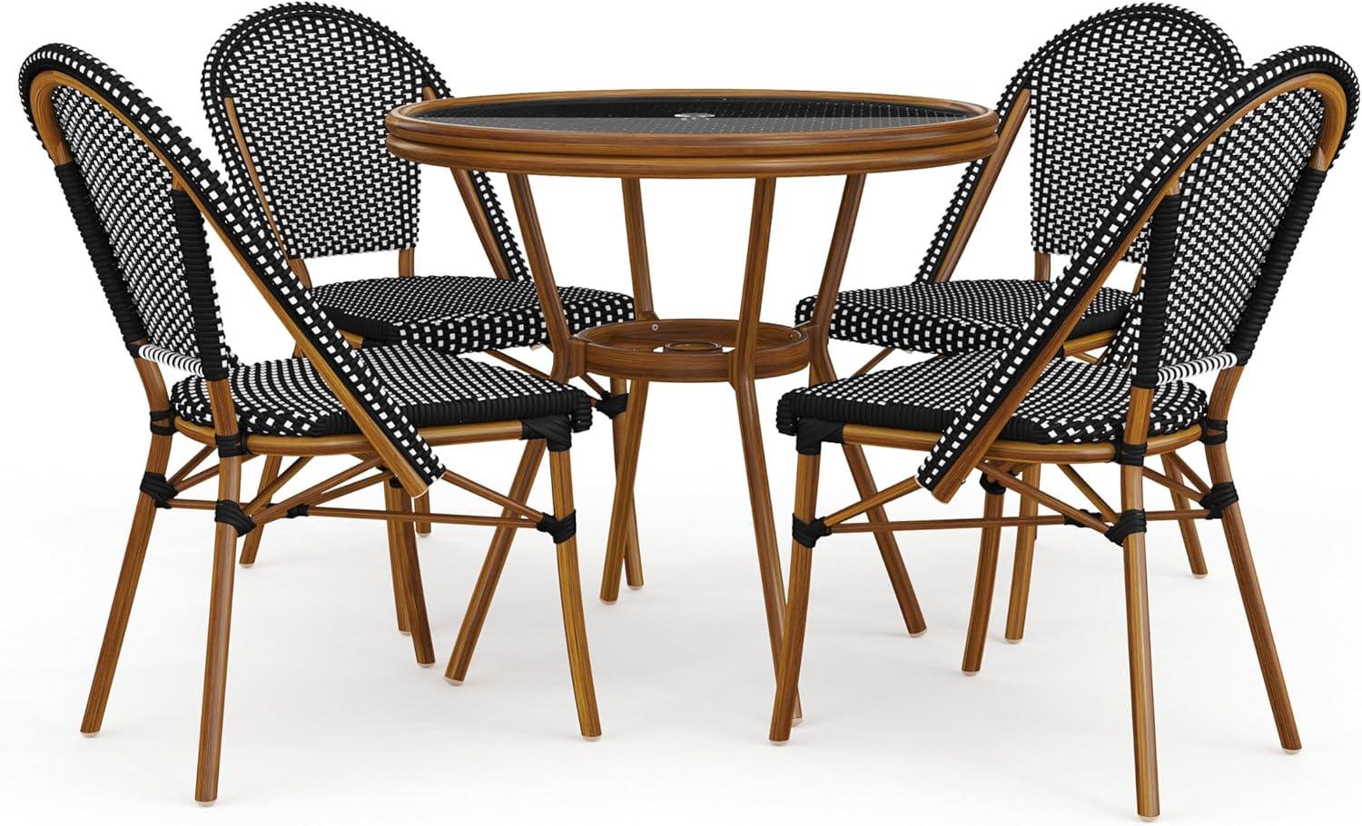 imageMartha Stewart Lily Pond 5 Piece IndoorOutdoor Navy and White Woven Rattan Bistro Set with Natural Woodgrain Aluminum Frames and Tempered Glass TabletopBlack WhiteNatural Frame
