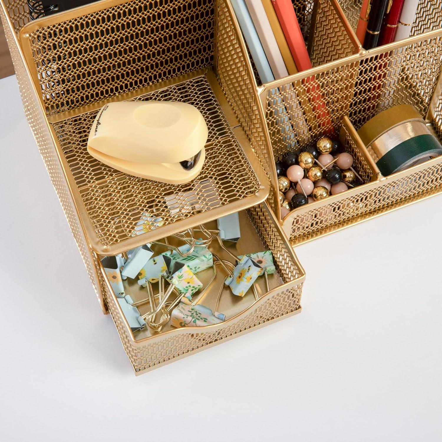 imageMartha Stewart Ryder Gold Mesh Metal Small Desktop Organizer for Office Accessories Notebooks Pen Holder and Drawer