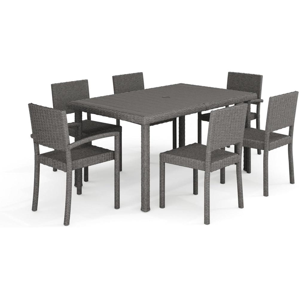 imageMartha Stewart Bedford 7Piece IndoorOutdoor Dining Set with 6 Stackable Chairs and 62 Patio Table with Faux Wood Top and Rattan Wicker Finish in GrayGrey